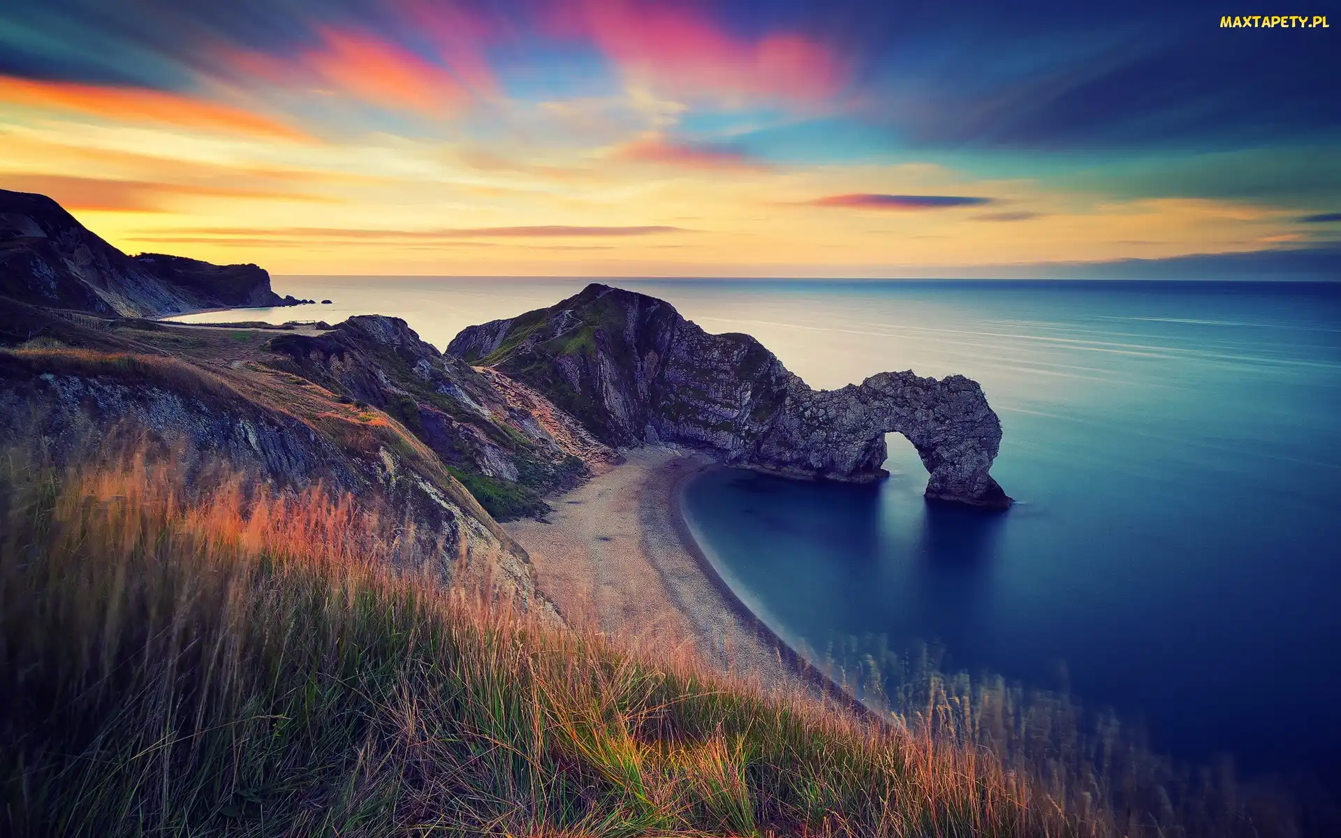 Morze, Anglia, Plaża, Łuk wapienny Durdle Door, Zachód słońca, Skały, Wybrzeże Jurajskie