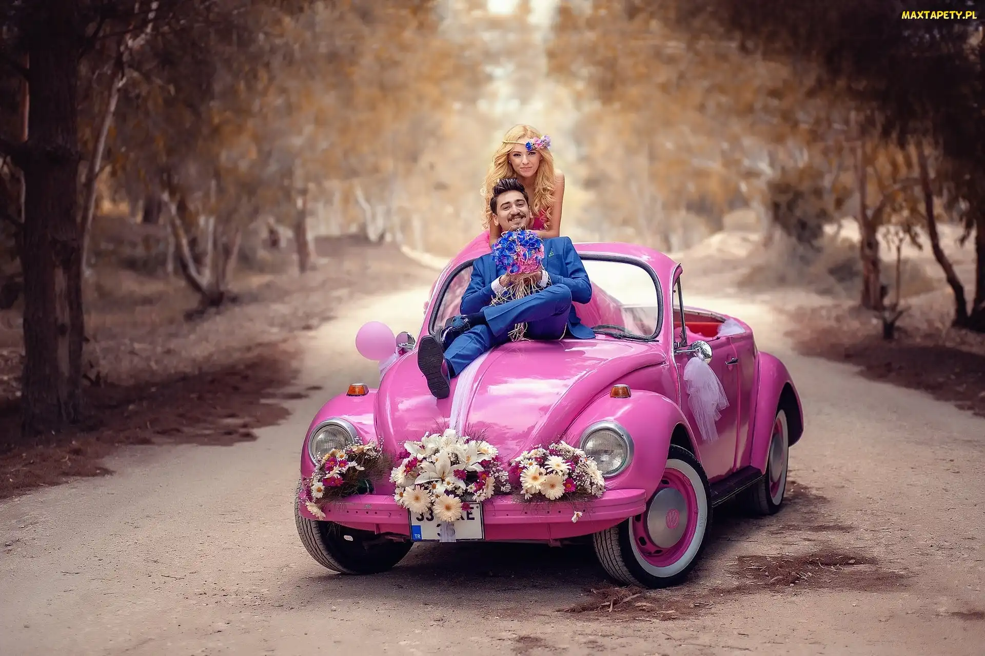 Volkswagen Beetle Convertible, Różowy, Ślub, Para młoda
