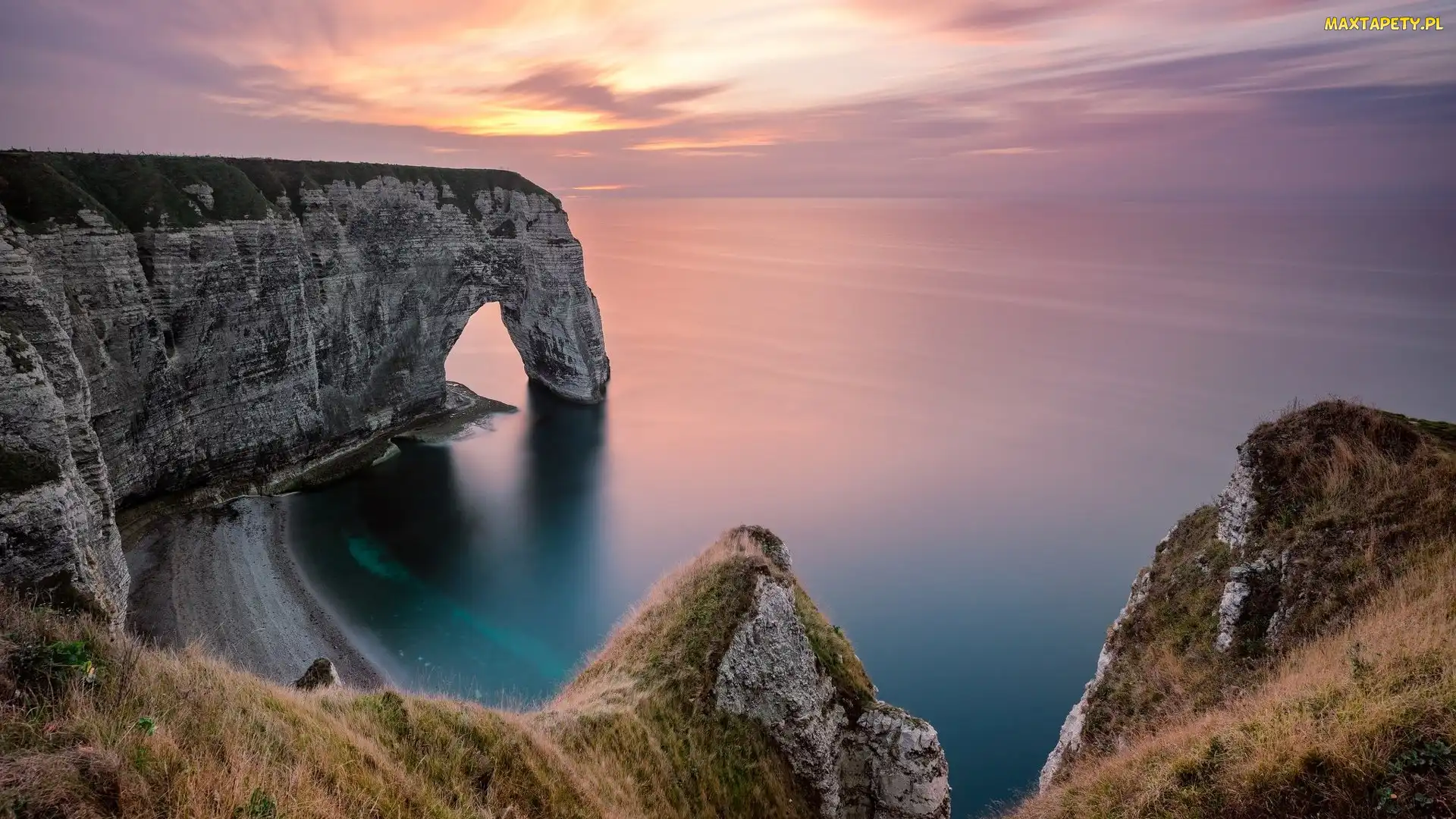 Łuk Manneporte, Klif, Wybrzeże, Skały, Étretat, Normandia, Morze, Kanał La Manche, Francja, Zachód słońca