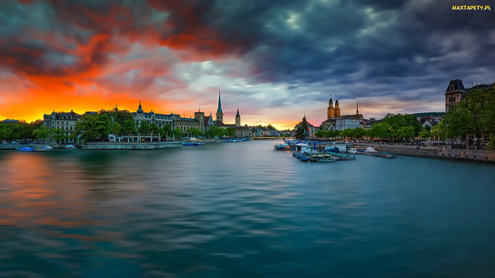 Zurych, Most, Szwajcaria, Łódki, Kościoły, Rzeka Limmat, Zachód słońca, Domy