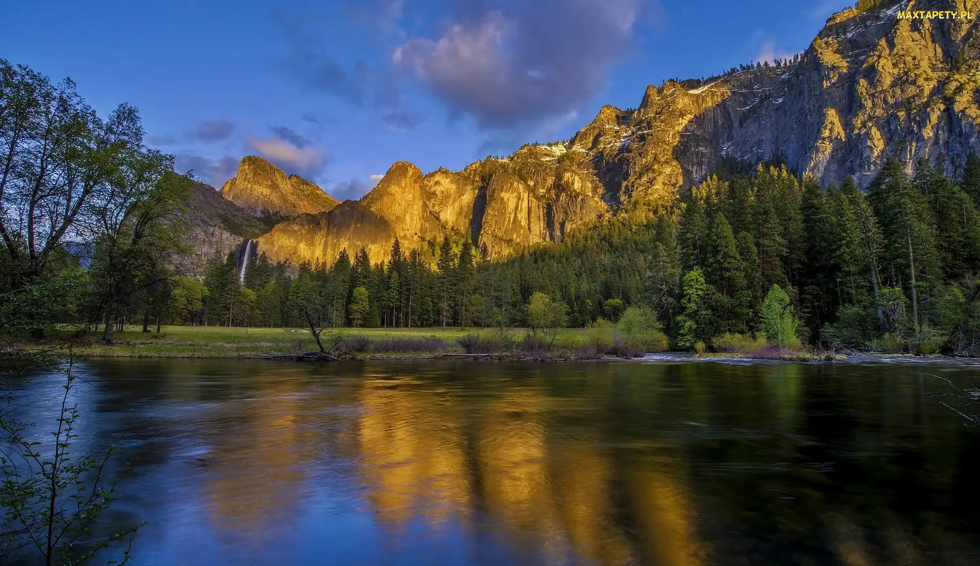 Drzewa, Góry, Stan Kalifornia, Stany Zjednoczone, Park Narodowy Yosemite, Rzeka Merced