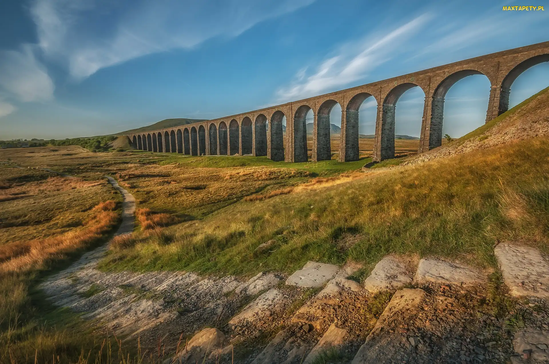 Dróżka, Kamienie, Yorkshire, Trawa, Most, Anglia, Wiadukt kolejowy Ribblehead