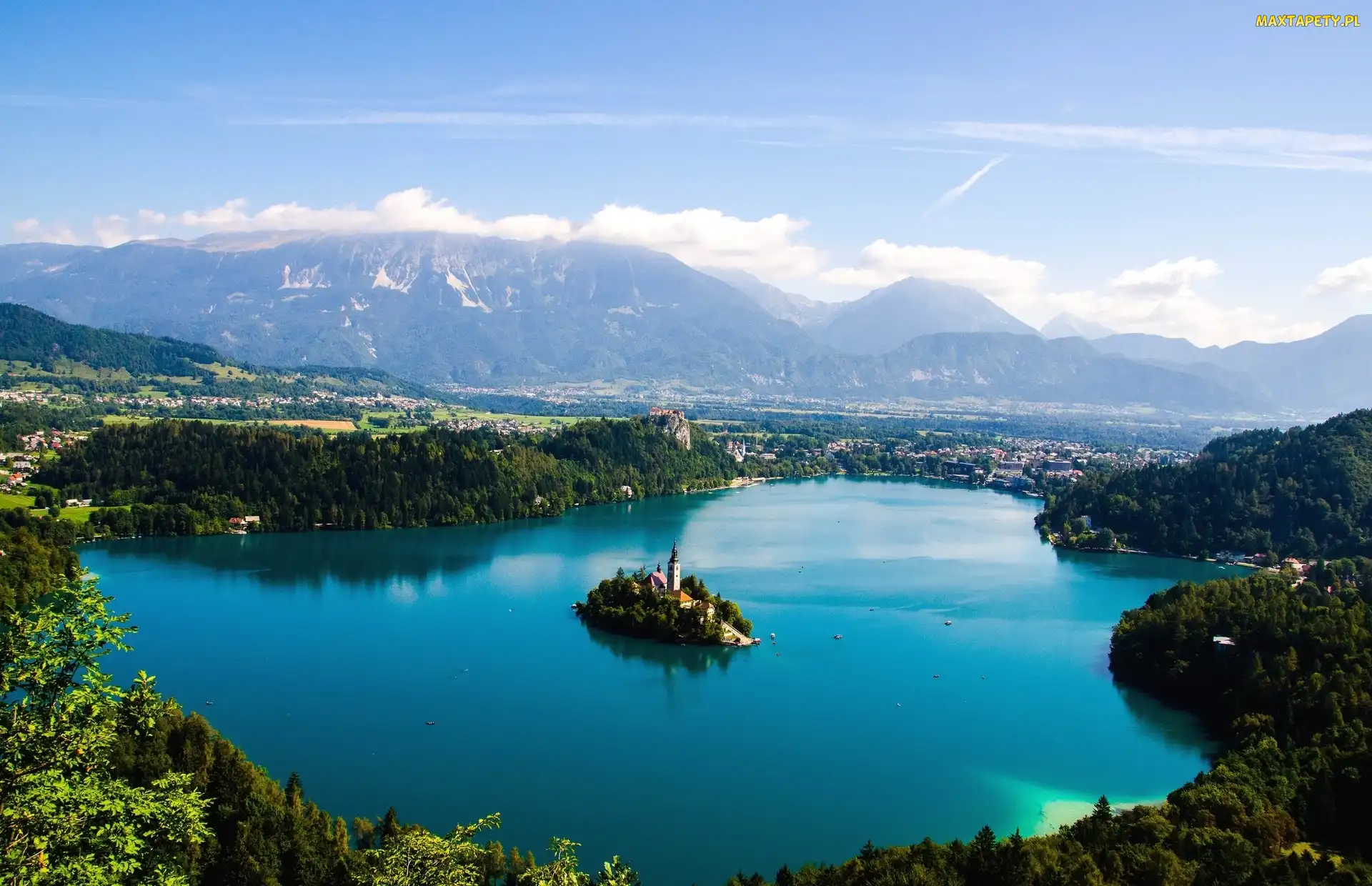 Chmury, Drzewa, Góry Alpy Julijskie, Słowenia, Jezioro Bled, Wyspa Bled