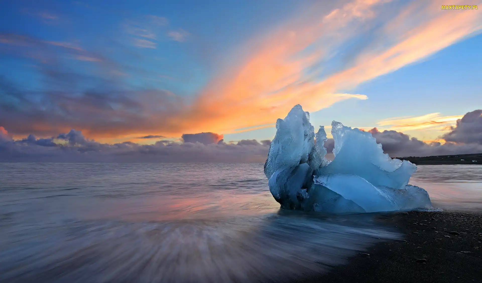 Jezioro Jökulsárlón, Zachód słońca, Lód, Bryła, Islandia