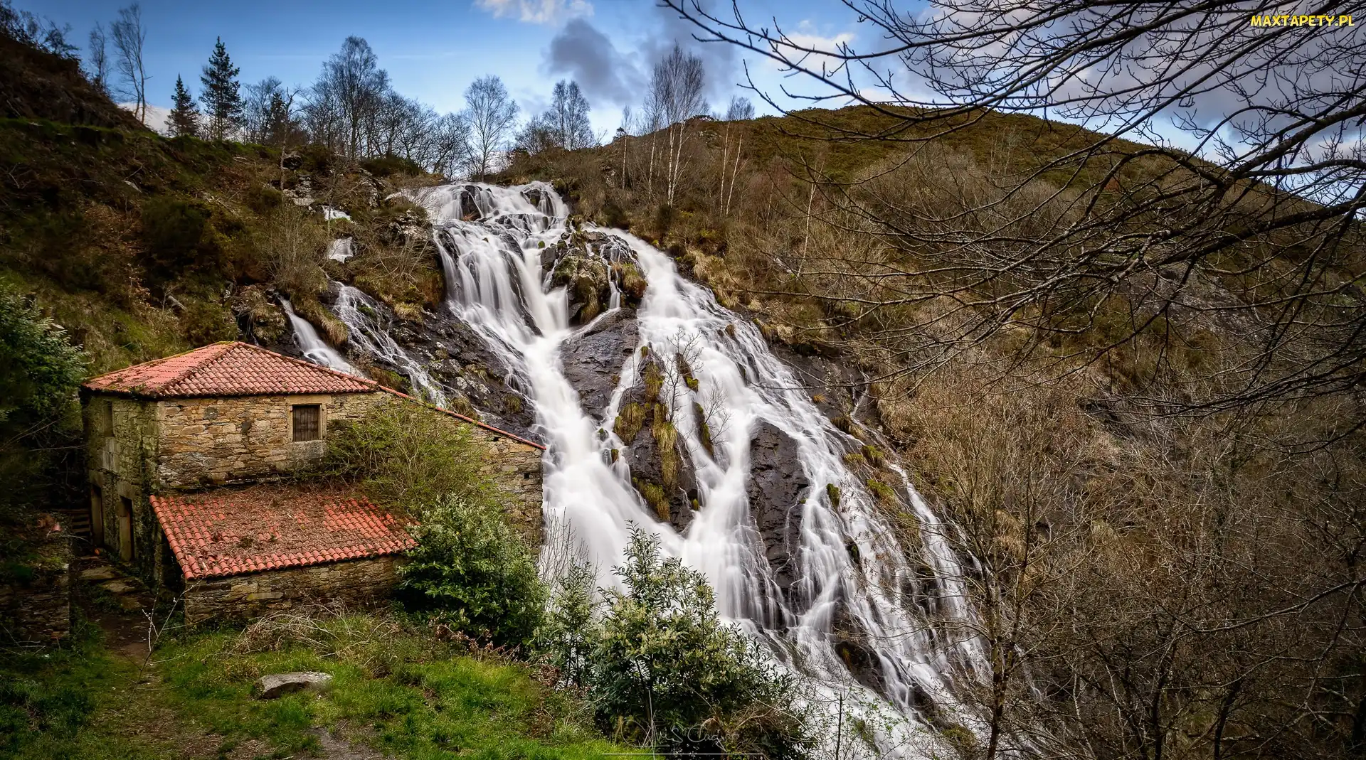 Toques, Drzewa, Dom, Wodospad Fervenza de Brañas, Hiszpania