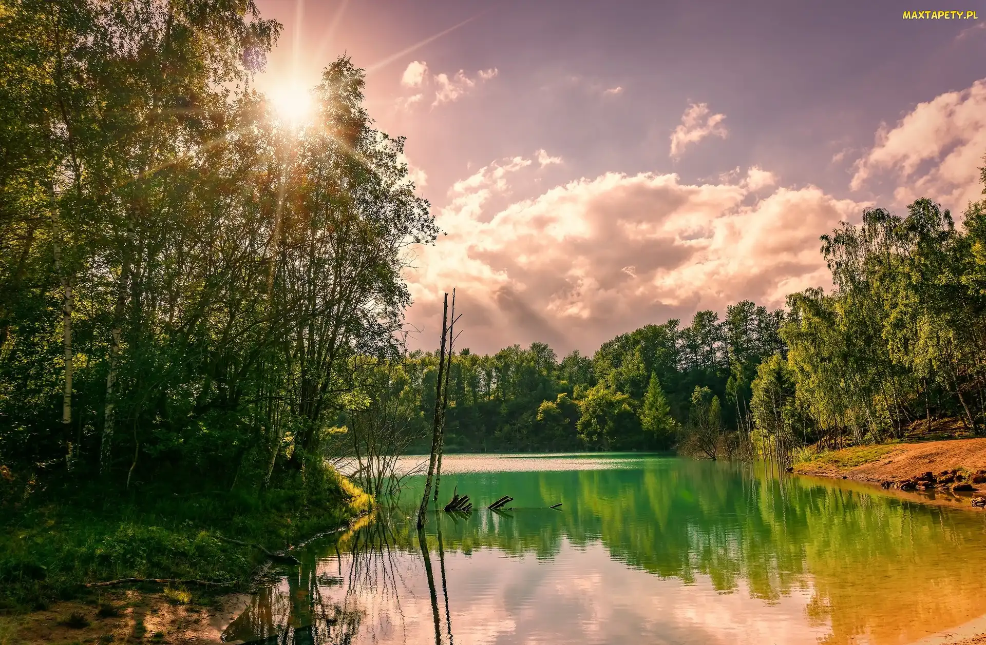 Chmury, Promienie słońca, Rzeka, Drzewa