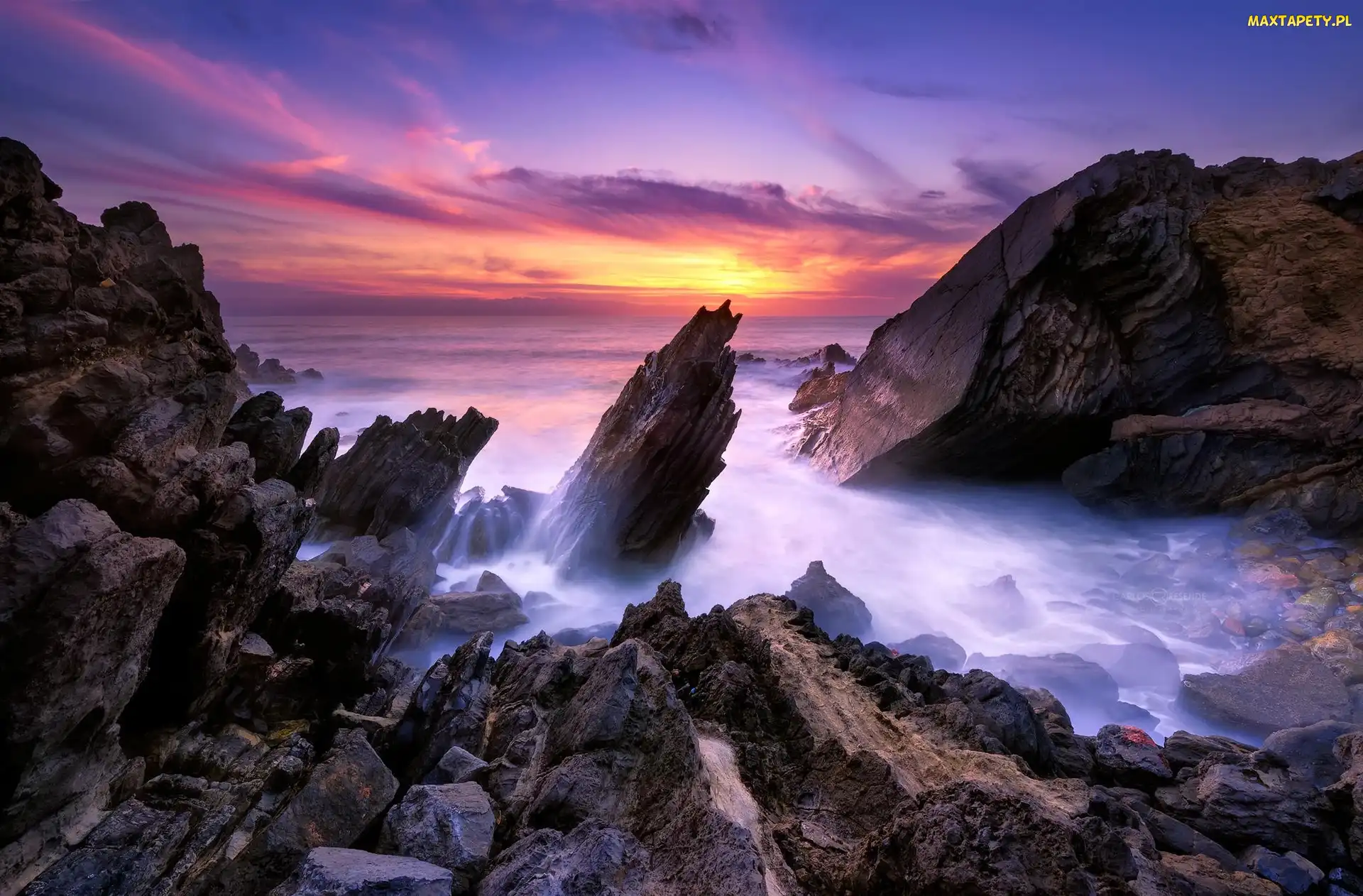 Portugalia, Alcabideche, Zachód Słońca, Morze, Skały, Praia da Grota