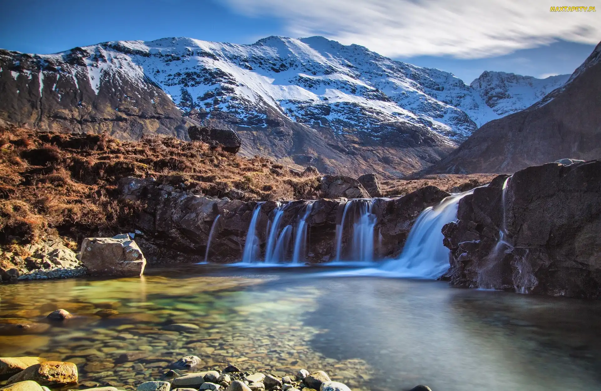 Wyspa Skye, Zbiorniki Fairy Pools, Szkocja, Góry, Jezioro, Glen Brittle, Kamienie, Wodospad