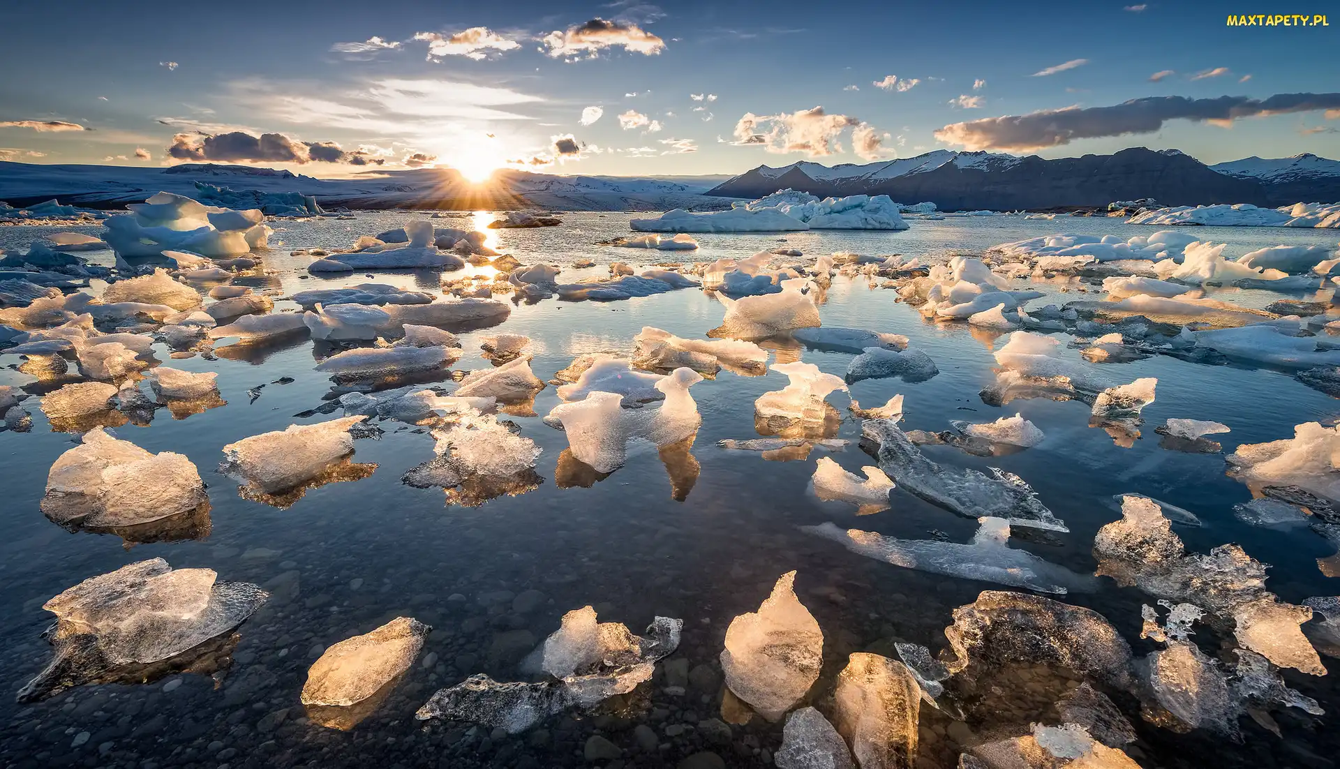 Zachód słońca, Lód, Jezioro Jökulsárlón, Zima, Bryły, Islandia, Góry