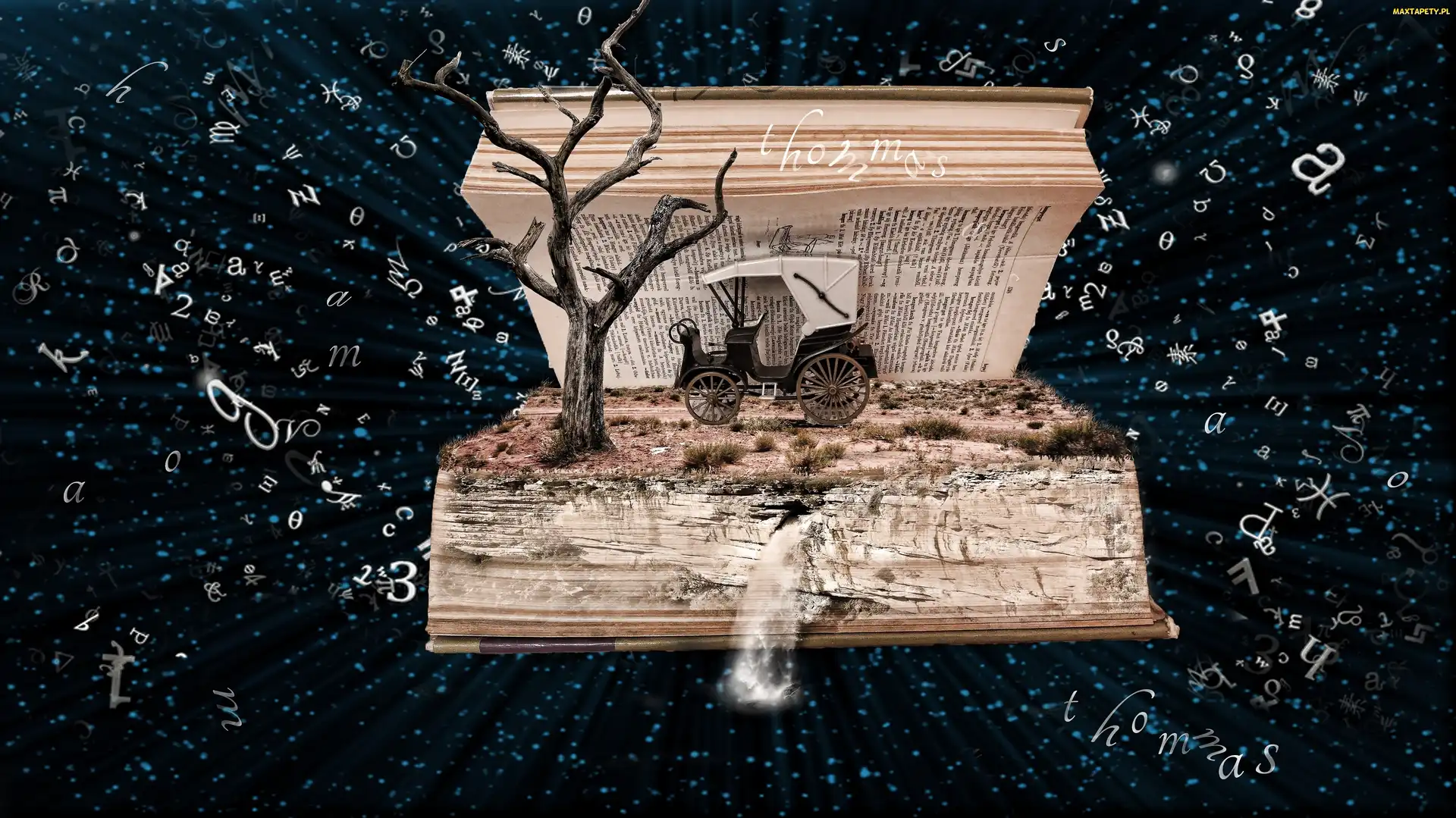Fantasy, Litery, Kareta, Książka, Drzewo, Wodospad