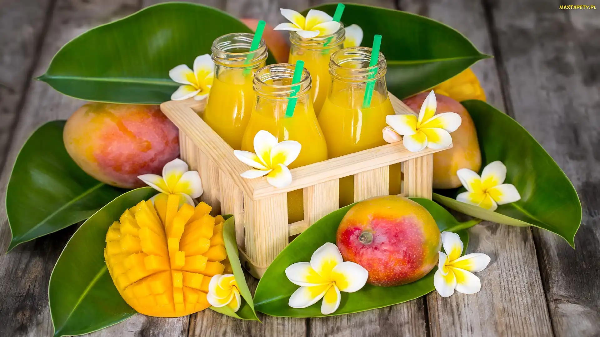 Listki, Mango, Butelki, Plumerie, Skrzynka, Soki, Kwiatki