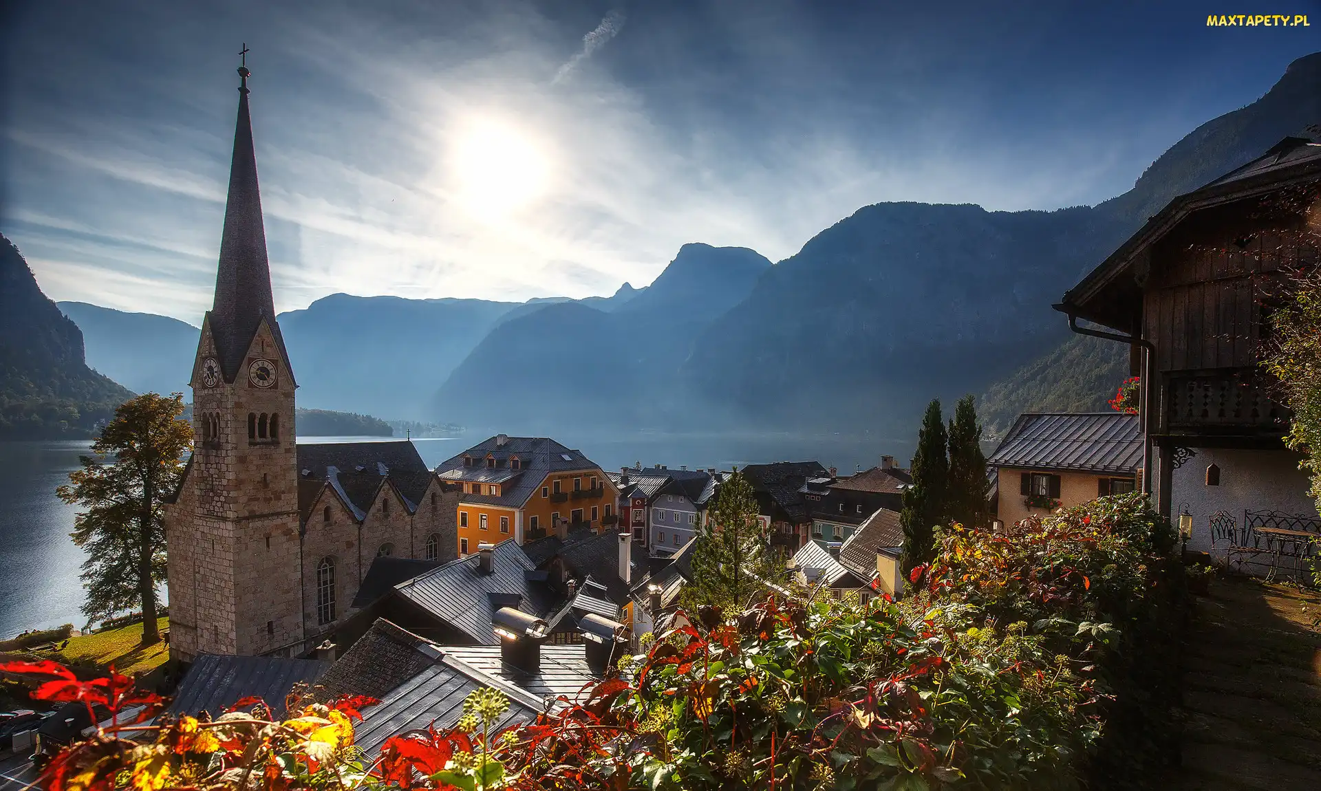 Kościół pw. Wniebowzięcia Matki Bożej, Alpy Salzburskie, Hallstatt, Domy, Góry, Austria, Jezioro Hallstättersee