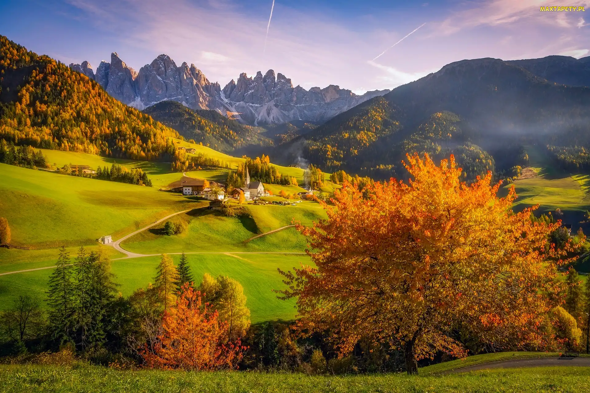 Jesień, Lasy, Włochy, Góry, Drzewa, Kościół, Dolomity, Domy, Masyw Odle, Dolina Val di Funes, Wieś Santa Maddalena