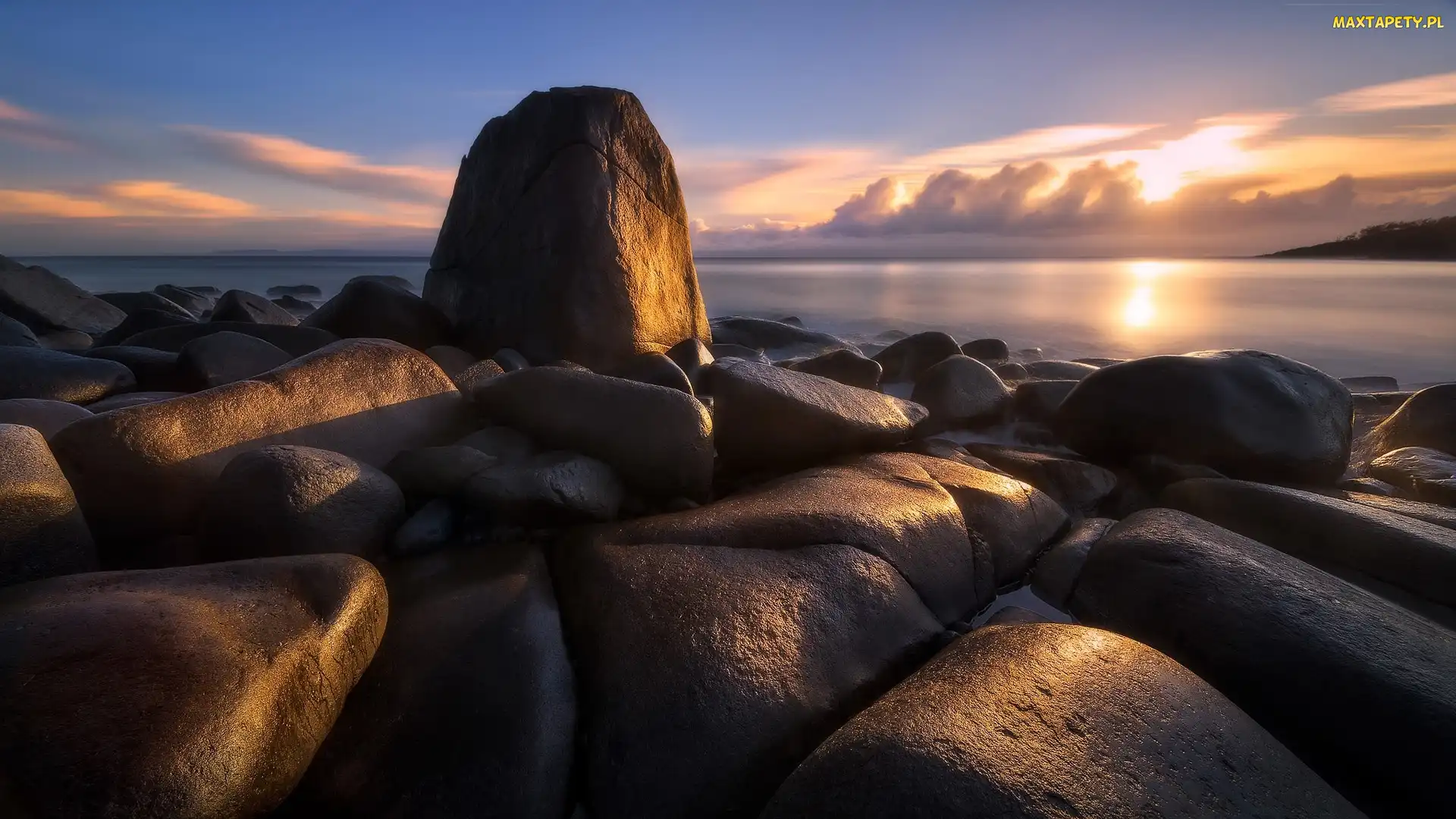 Brzeg, Morze, Stan Queensland, Wschód słońca, Kamienie, Australia, Park Narodowy Noosa