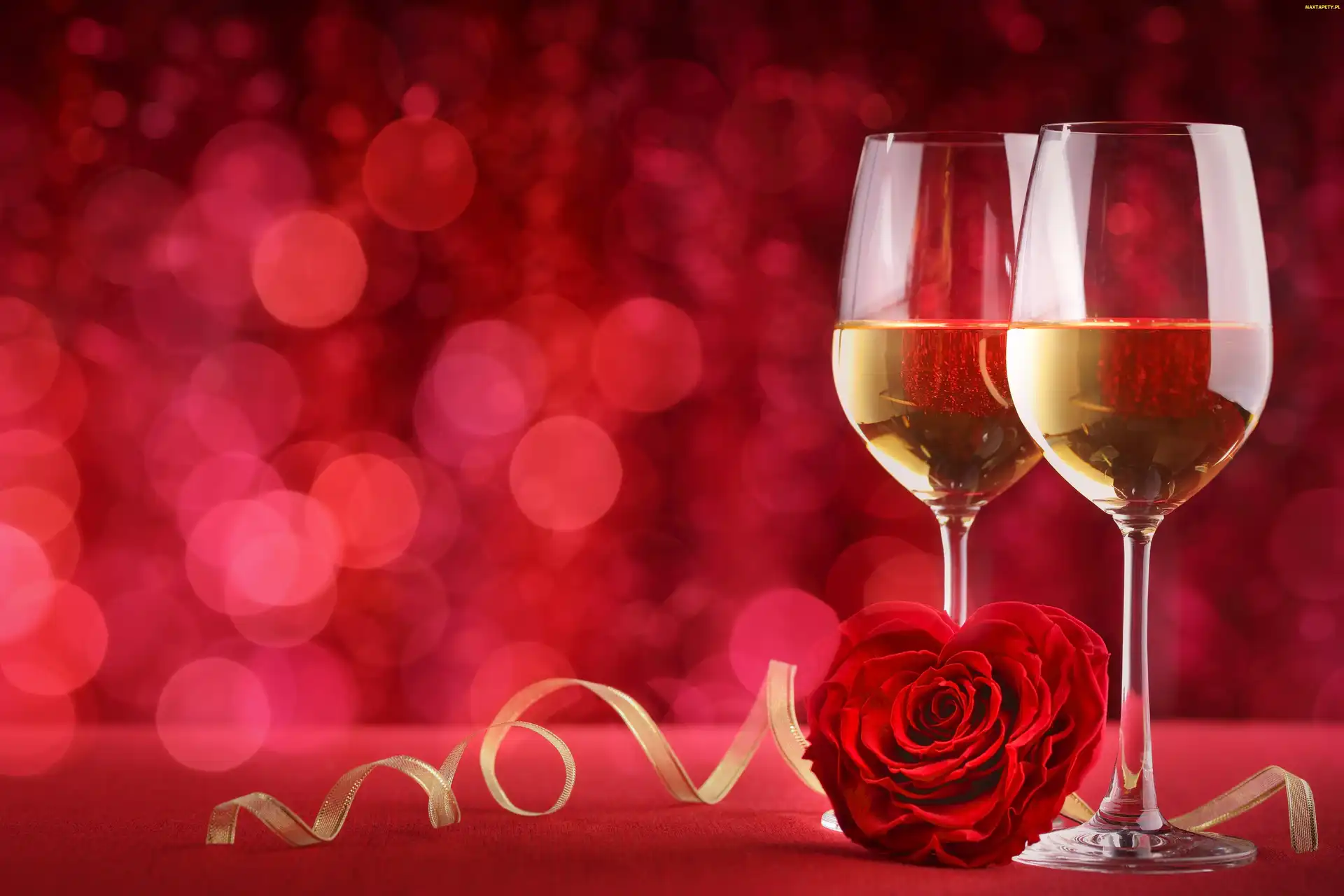 Wino, Rozmyte tło, Wstążka, Róża, Kieliszki