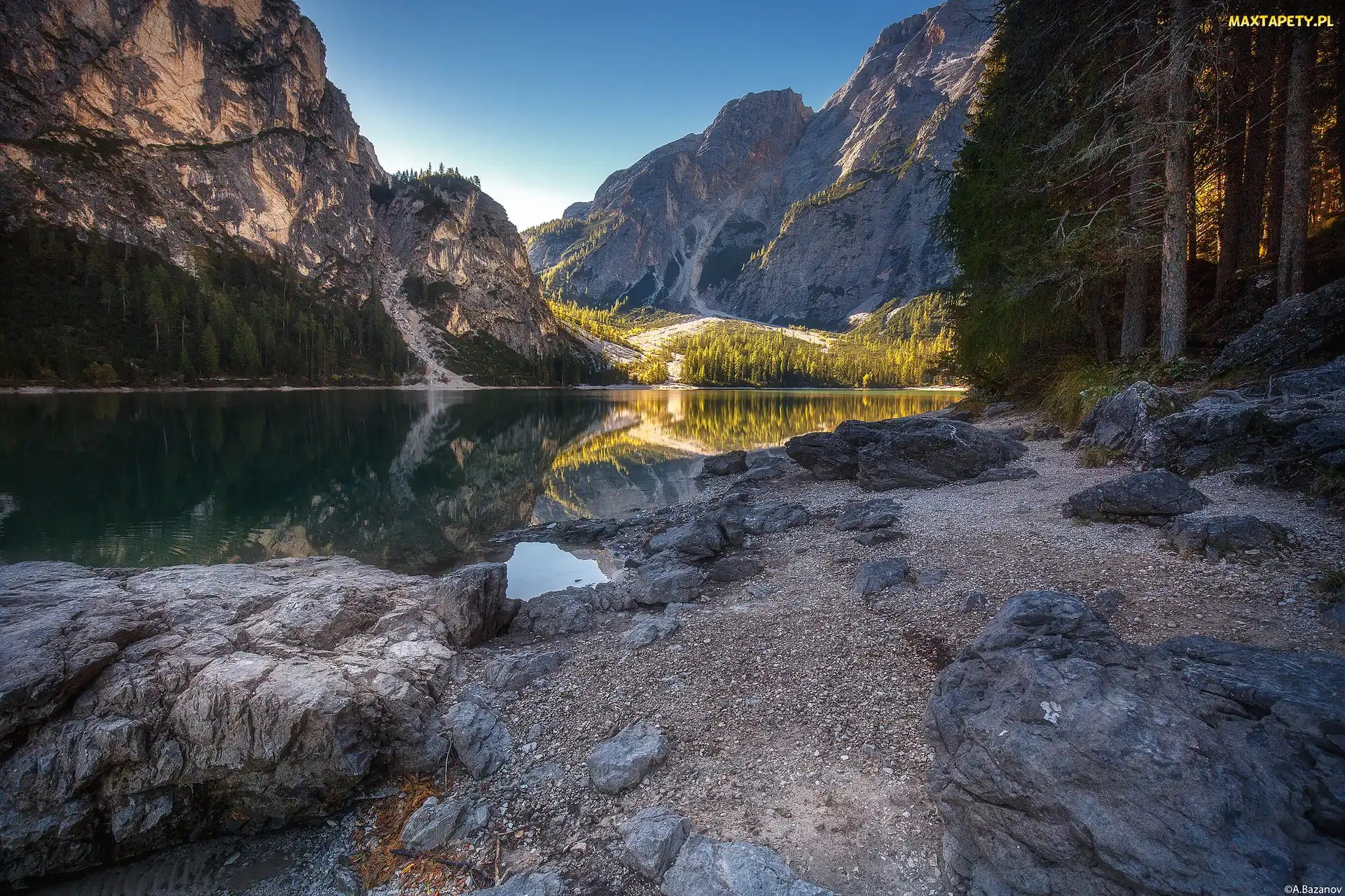 Las, Góry, Dolomity, Włochy, Tyrol Południowy, Jezioro Pragser Wildsee
