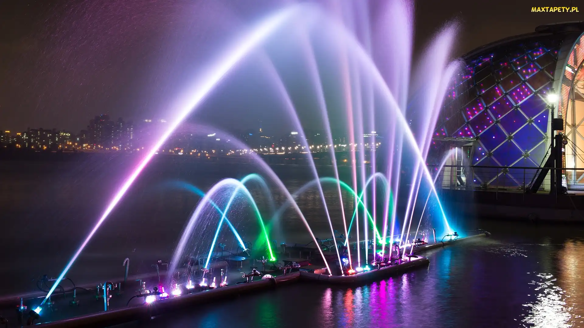 Oświetlenie, Pływająca scena Yeouido Floating Stage, Seul, Kolory, Fontanna, Korea Południowa, Rzeka Han-gang