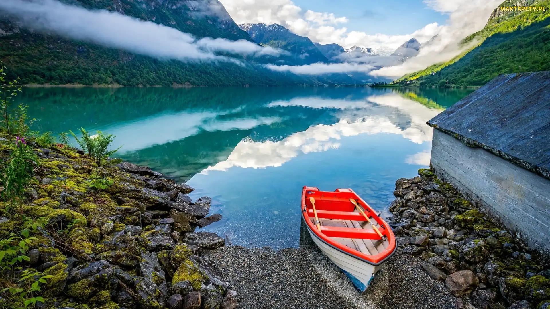 Kamienie, Góry, Okręg Sogn og Fjordane, Łódka, Fiord Innvikfjord, Norwegia, Wieś Olden
