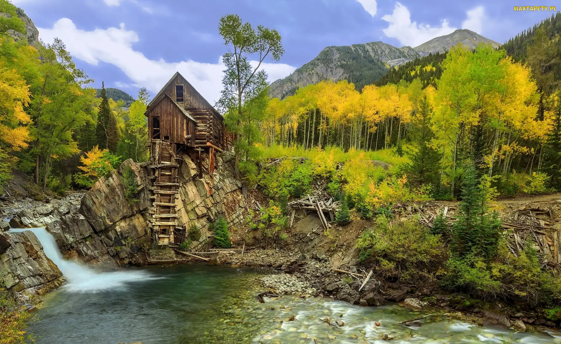 Stany Zjednoczone, Drzewa, Wodospad, Jesień, Wzgórza, Kryształowy Młyn - Crystal Mill, Kolorado, Hrabstwo Gunnison, Rzeka Crystal River