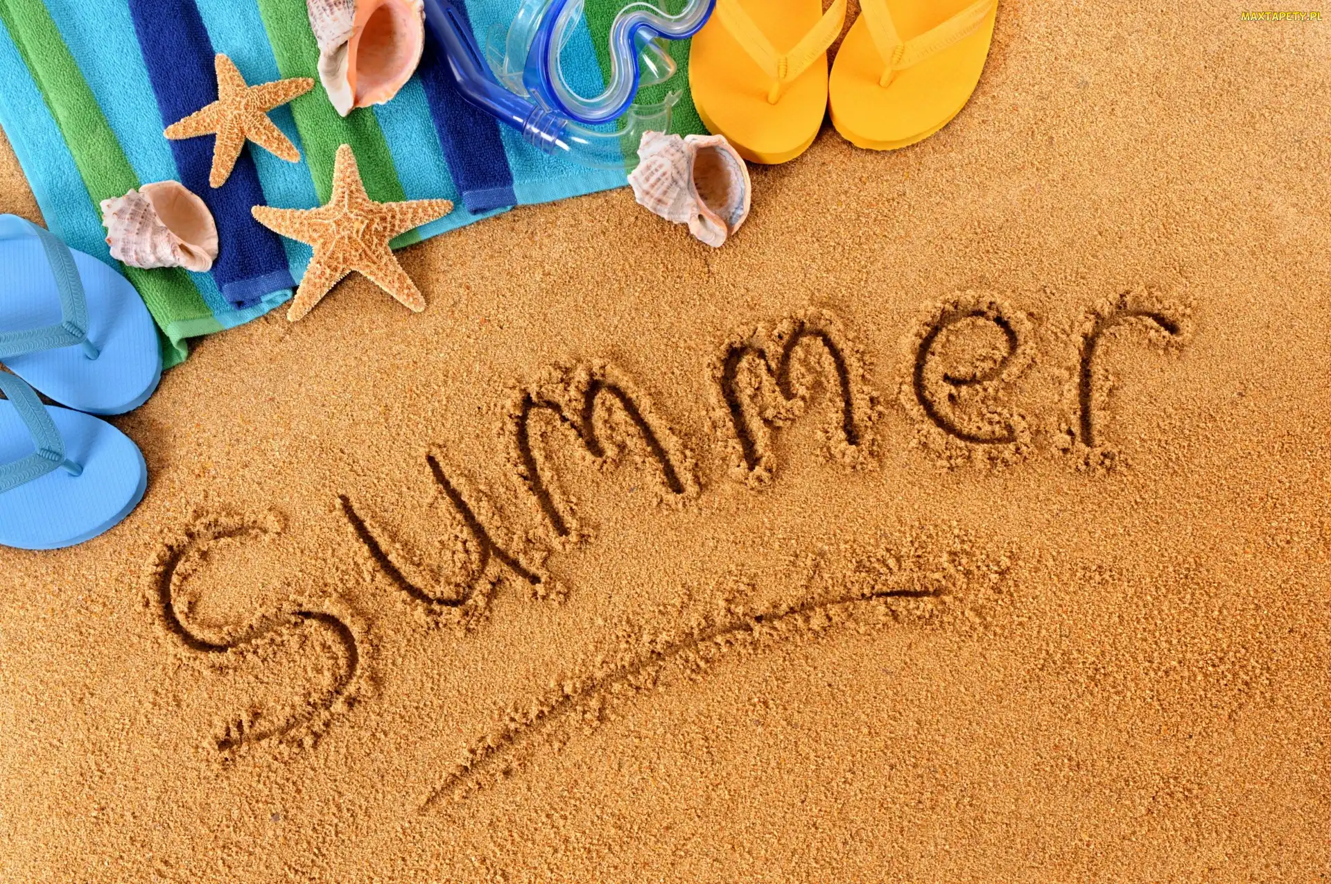 Muszelki, Rozgwiazdy, Summer, Japonki, Plaża, Napis, Lato