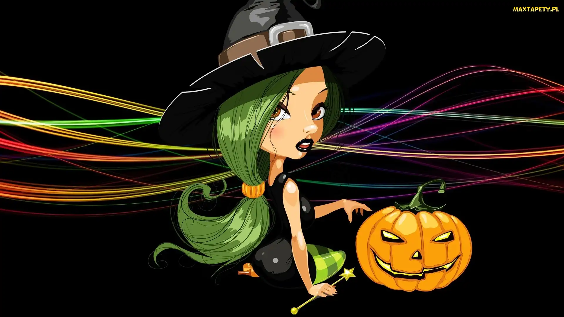 Czarownica, Czarne tło, Halloween, Dynia, Grafika 2D