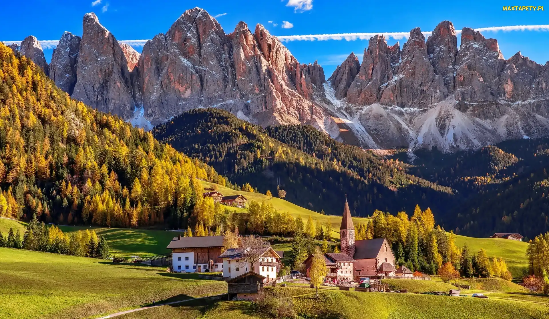 Włochy, Domy, Lasy, Kościół, Drzewa, Góry, Dolina Val di Funes, Wieś Santa Maddalena, Dolomity