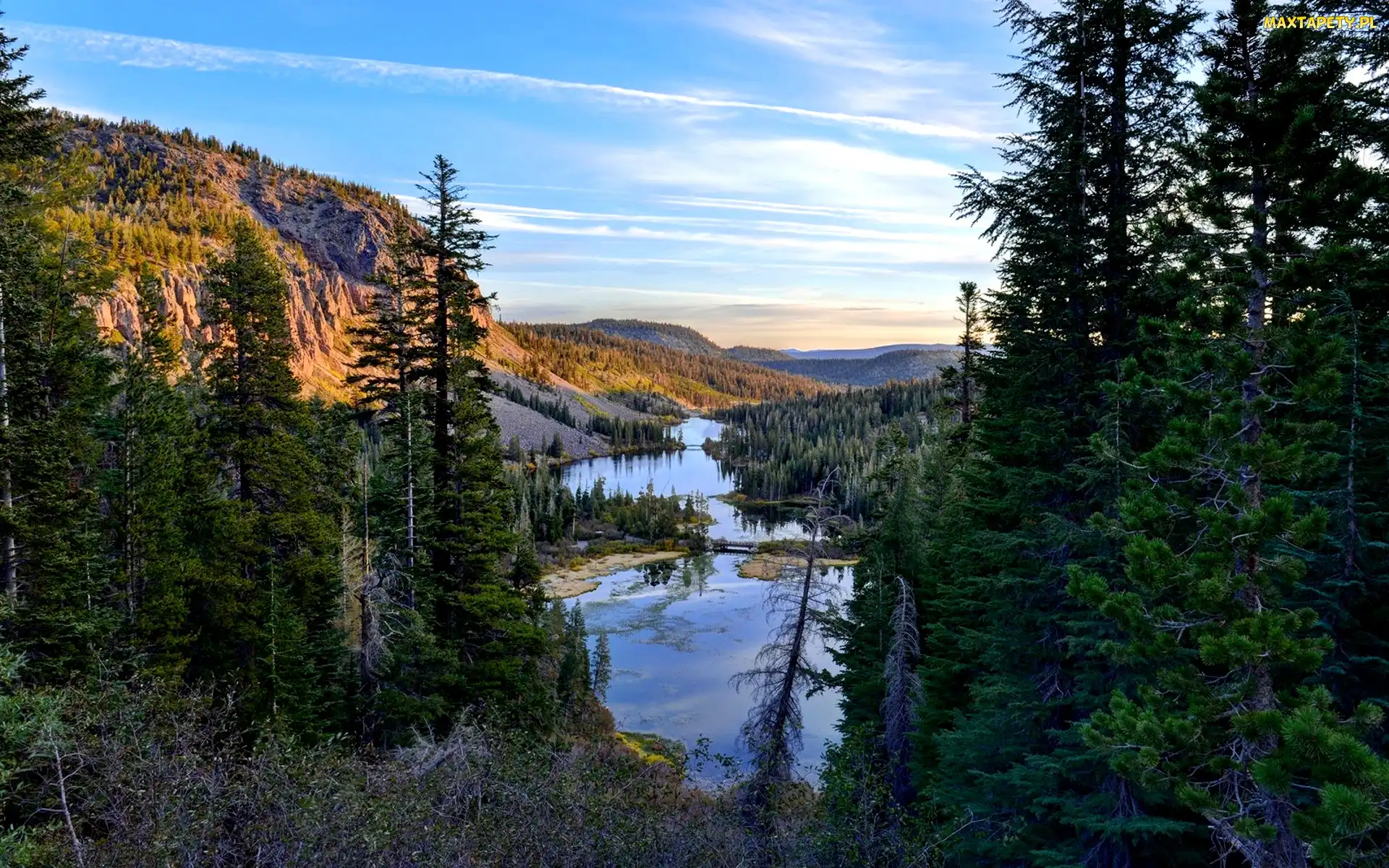 Góry, Jeziora Twin Lakes, Kalifornia, Świerki, Góra Mammoth Mountain, Stany Zjednoczone, Hrabstwo Mono
