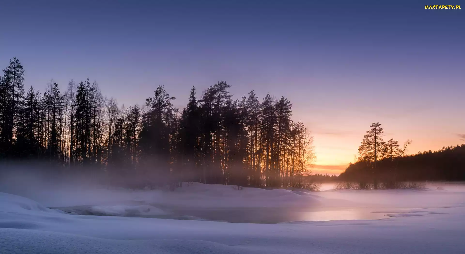 Finlandia, Mgła, Zima, Zachód słońca, Drzewa, Rzeka Neitikoski Rapid, Karelia Północna, Miasto Lieksa, Ruunaa