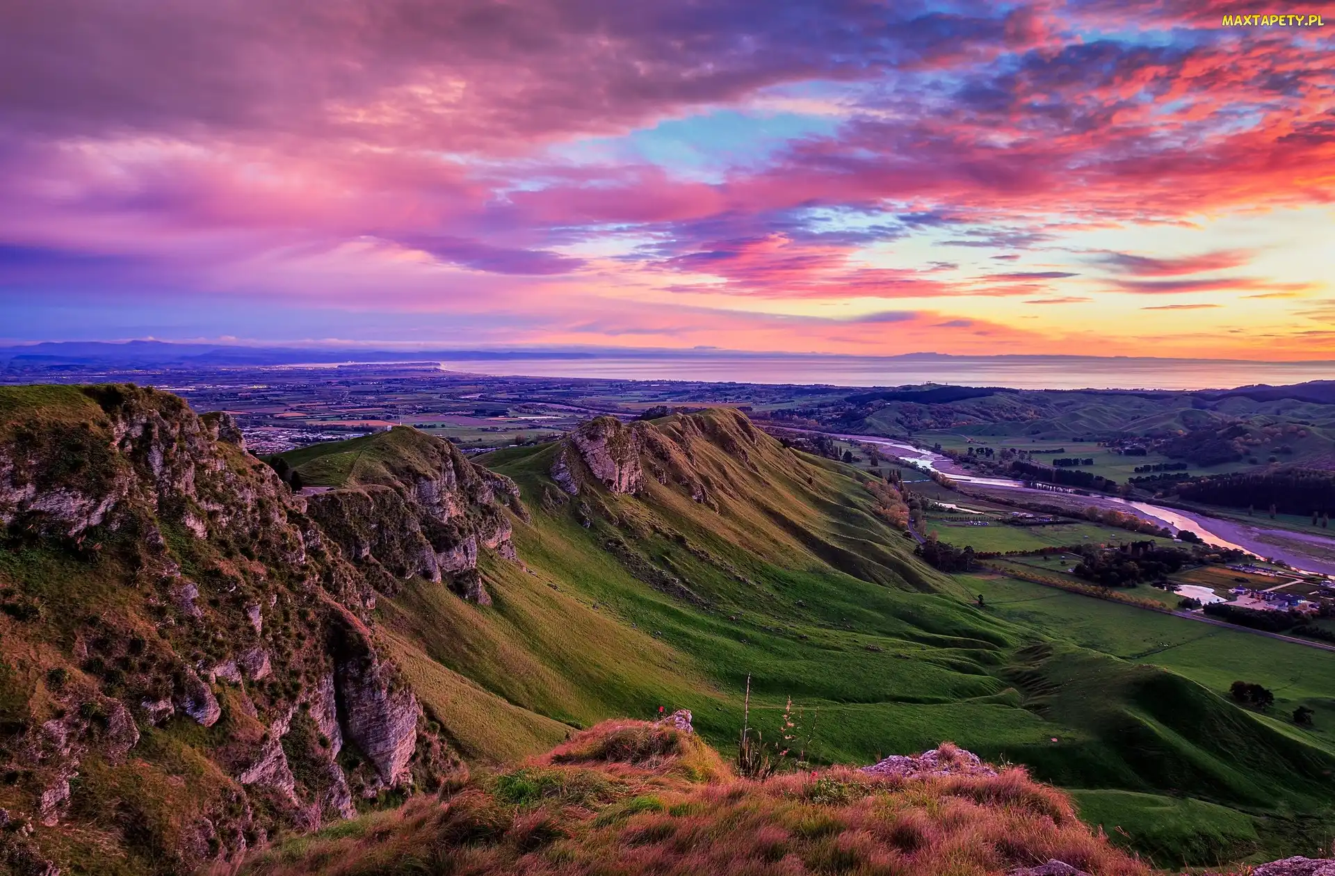 Góry, Wzgórza, Region Hawkes Bay, Wschód słońca, Góry Te Mata Peak, Nowa Zelandia, Rzeka Tukituki River