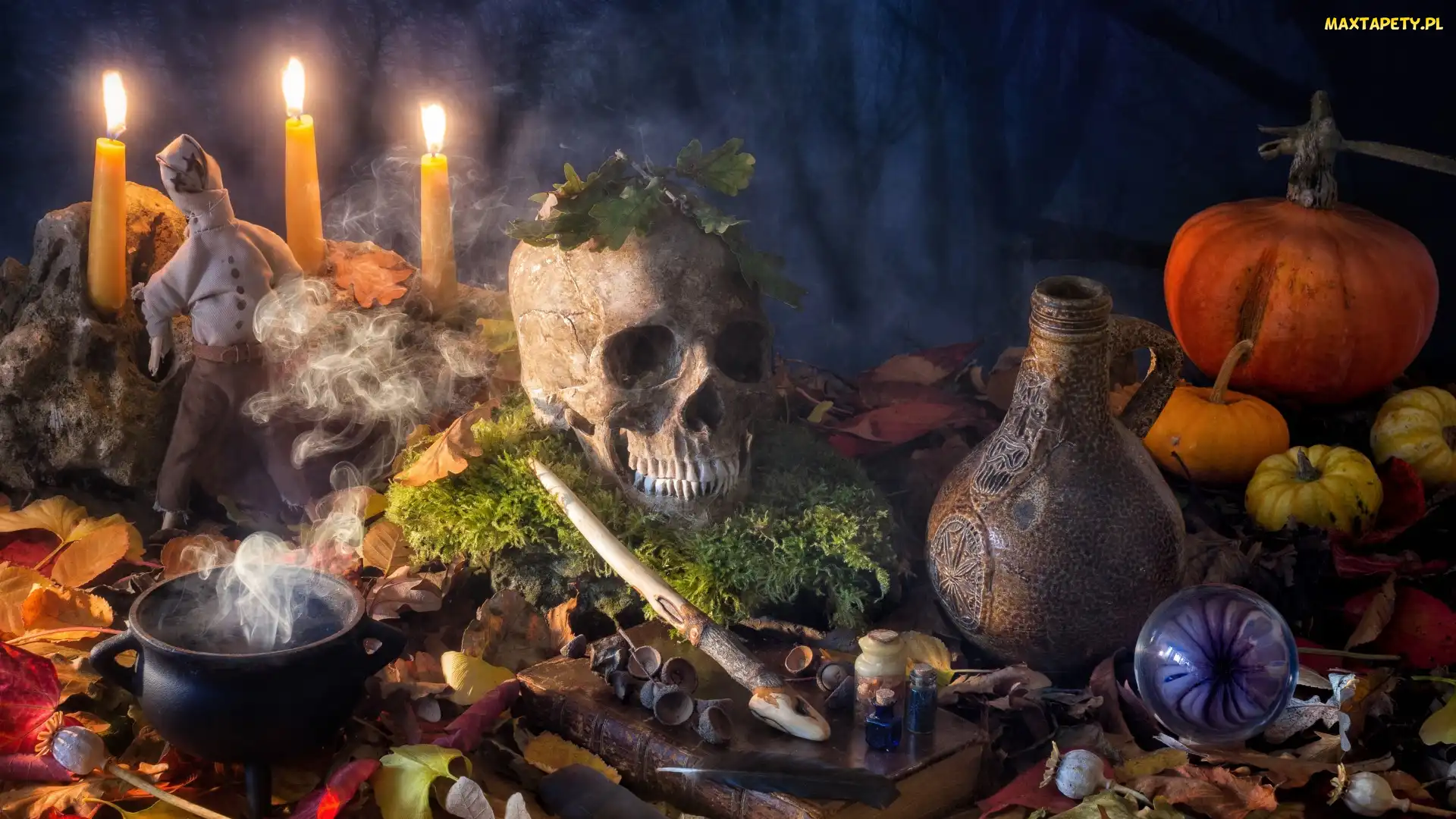 Czaszka, Magia, Lalka, Świece, Dzban, Dynia, Czary, Liście, Halloween, Książki