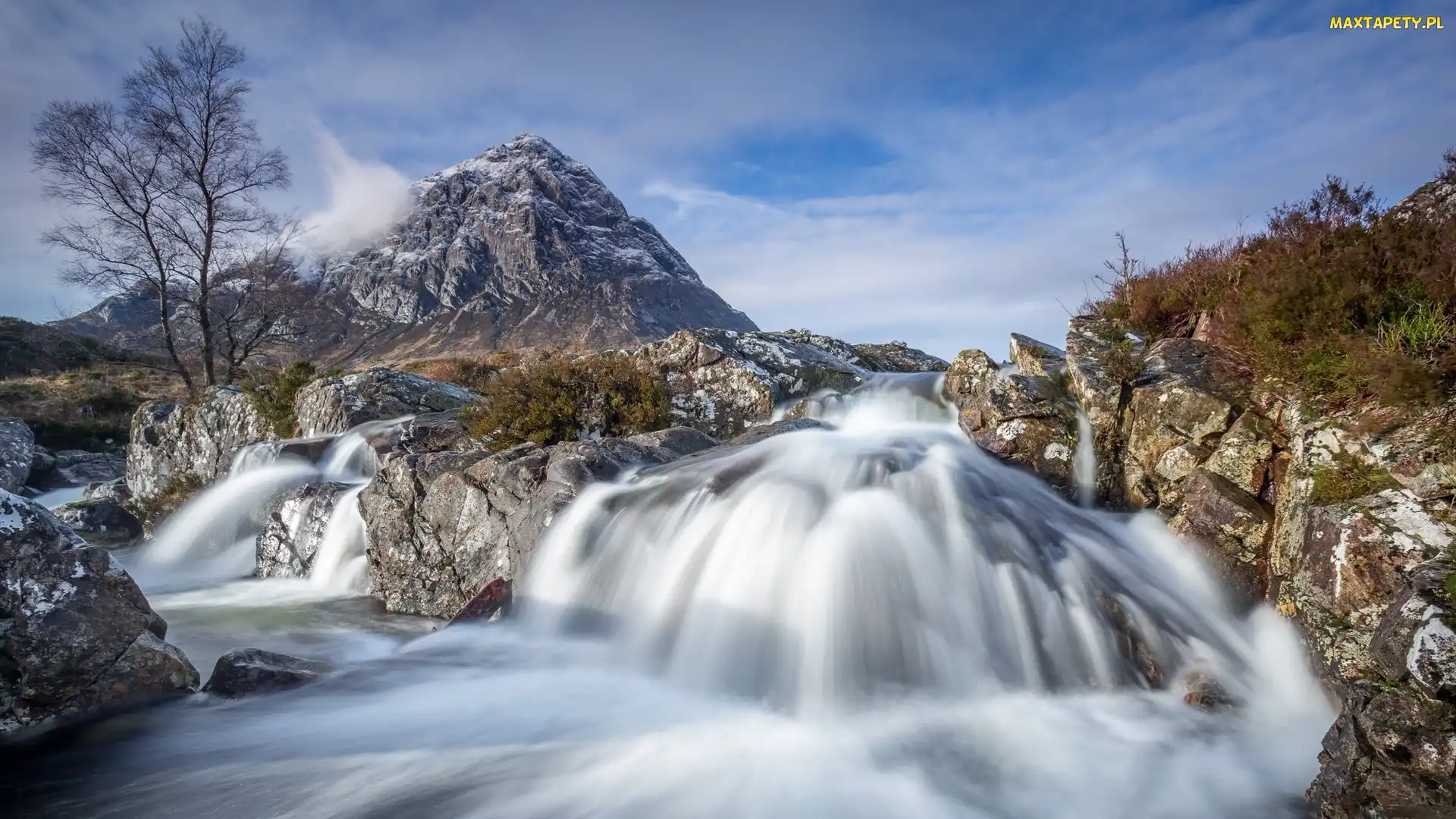 Szkocja, Drzewa, Góry, Rośliny, Skały, Szczyt Buachaille Etive Mor, Region Highland, Dolina Glen Coe, Rzeka Coupall