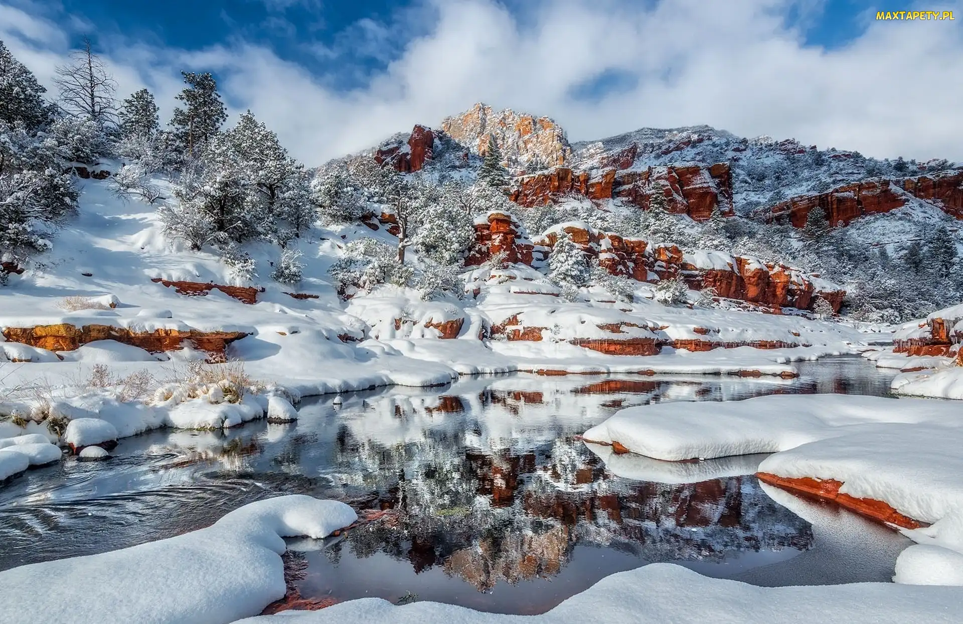 Stan Arizona, Wąwóz Oak Creek Canyon, Stany Zjednoczone, Kanion, Zima, Park Stanowy Slide Rock, Skały, Rzeka Oak Creek