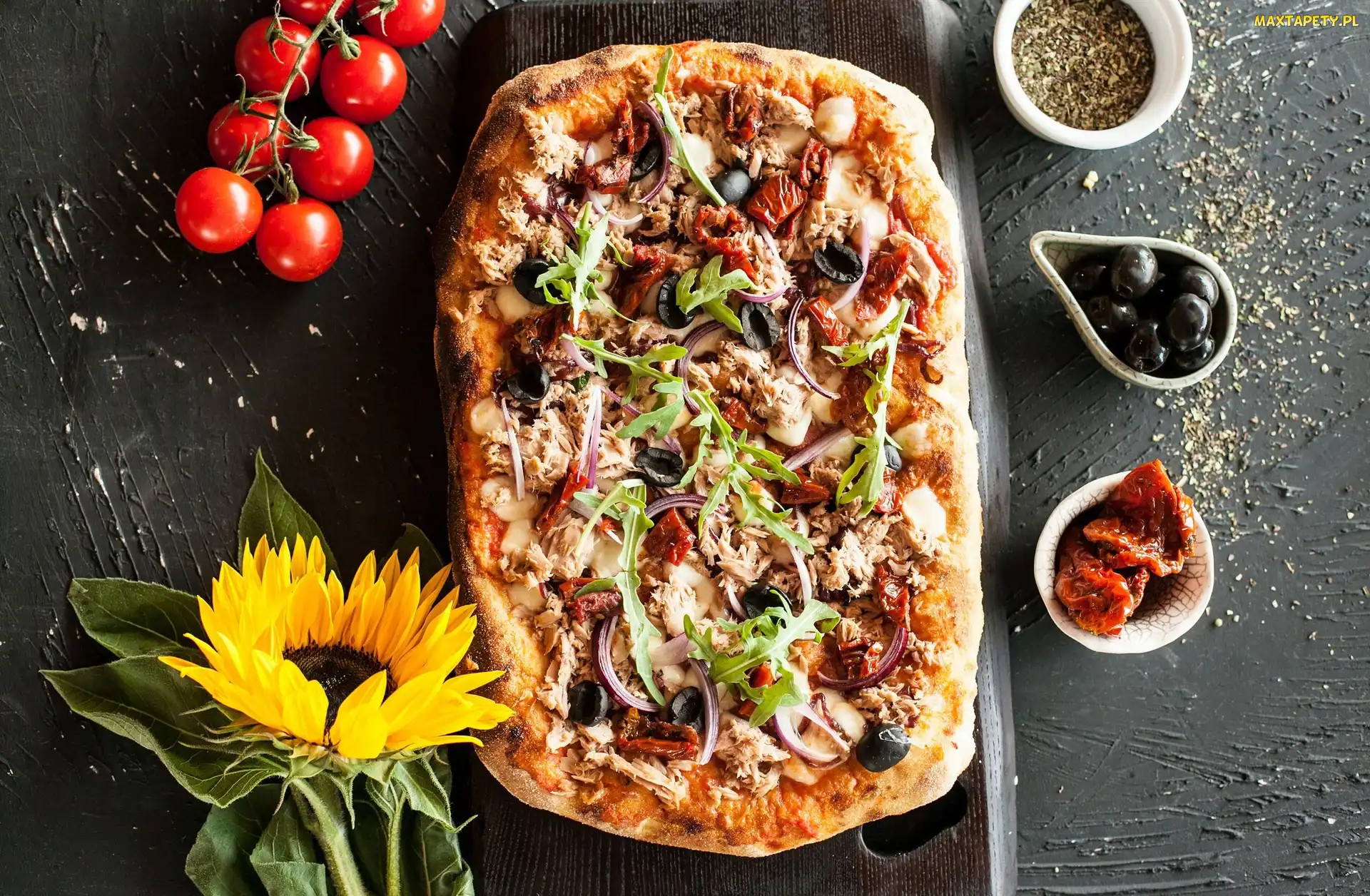 Przyprawy, Słonecznik, Kwiat, Pomidory, Pizza