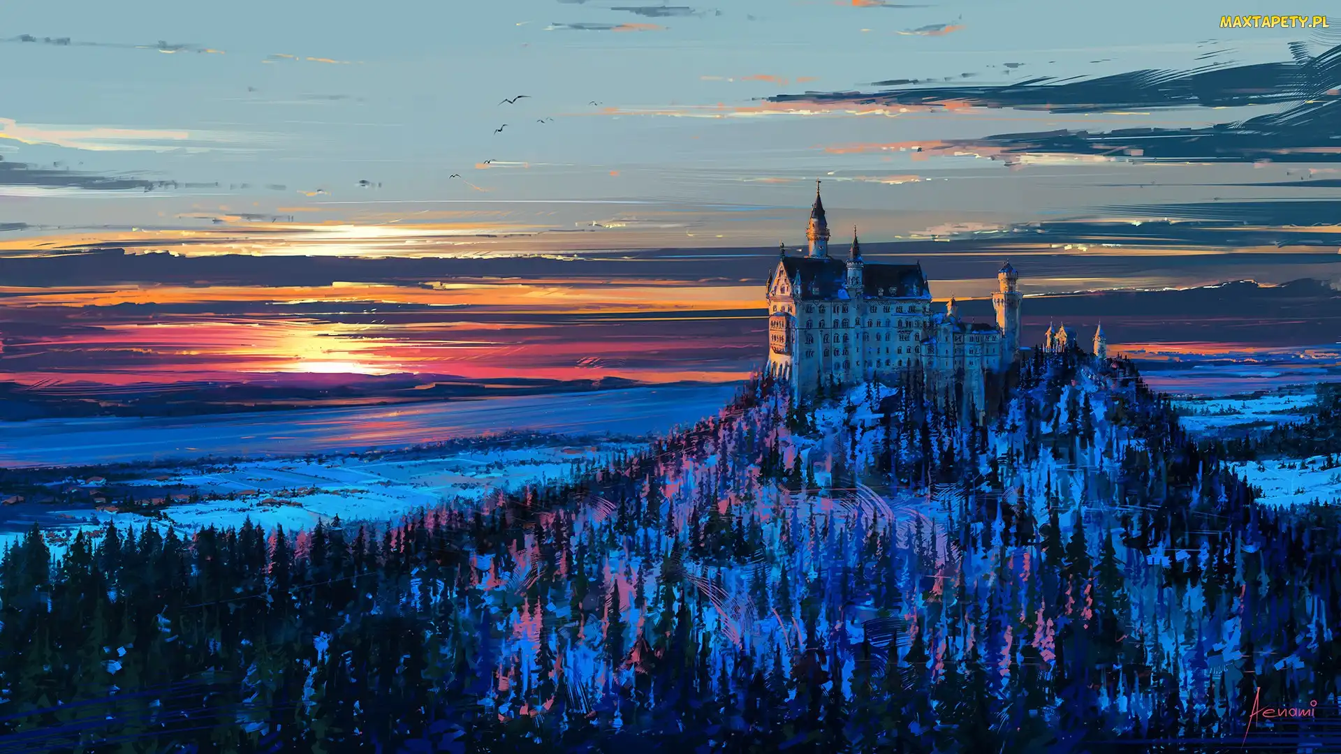 Paintography, Zachód słońca, Zamek Neuschwanstein, Niemcy, Zima, Góry