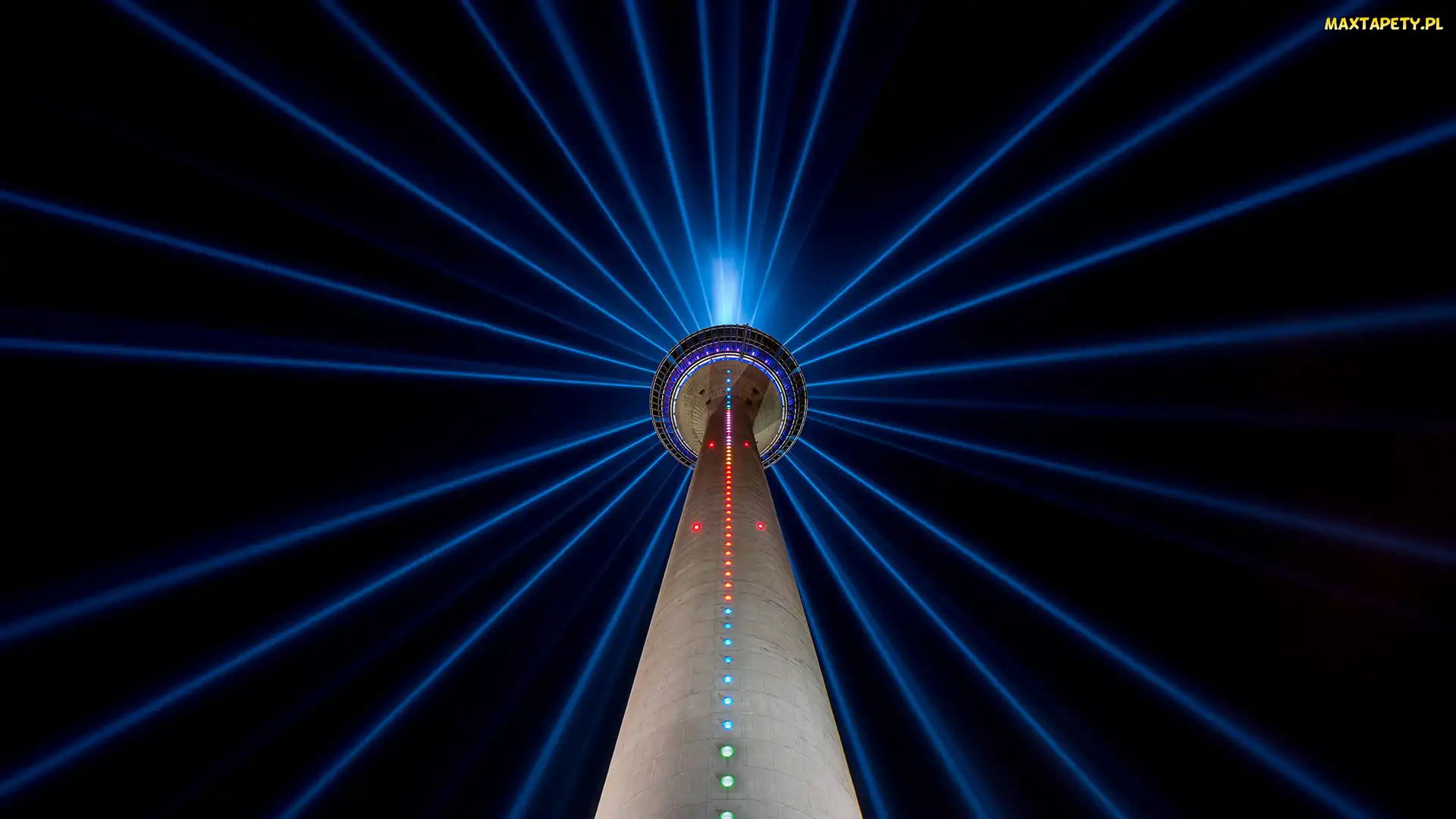 Światła, Noc, Dusseldorf, Niemcy, Wieża Rheinturm, Wieża telewizyjna