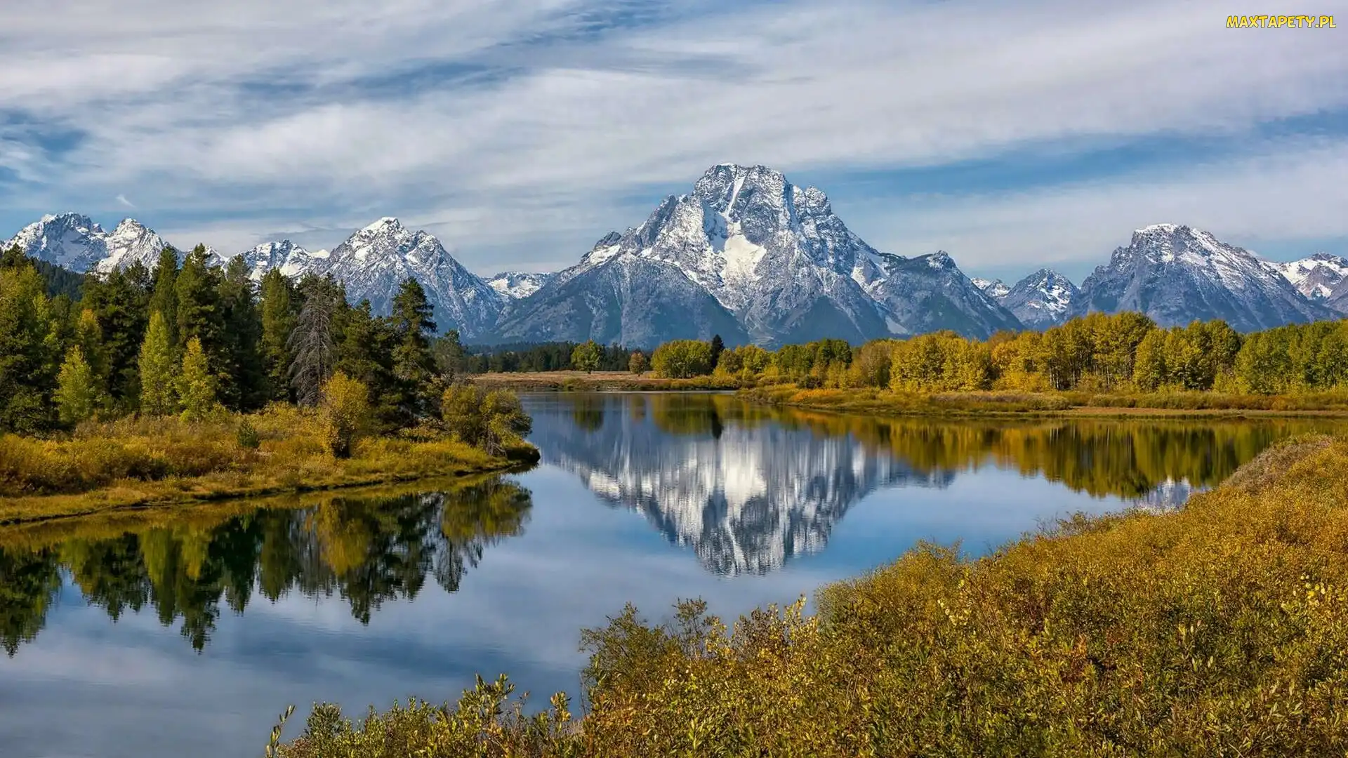 Park Narodowy Grand Teton, Rzeka Snake River, Stan Wyoming, Stany Zjednoczone, Odbicie, Drzewa, Jesień, Góry, Góra Mount Moran