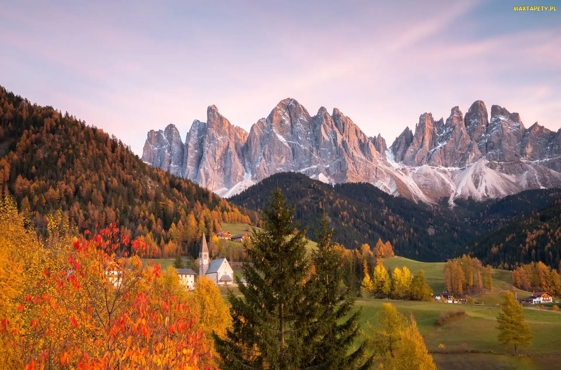 Lasy, Drzewa, Włochy, Góry, Jesień, Kościół, Dolomity, Domy, Masyw Odle, Dolina Val di Funes, Wieś Santa Maddalena