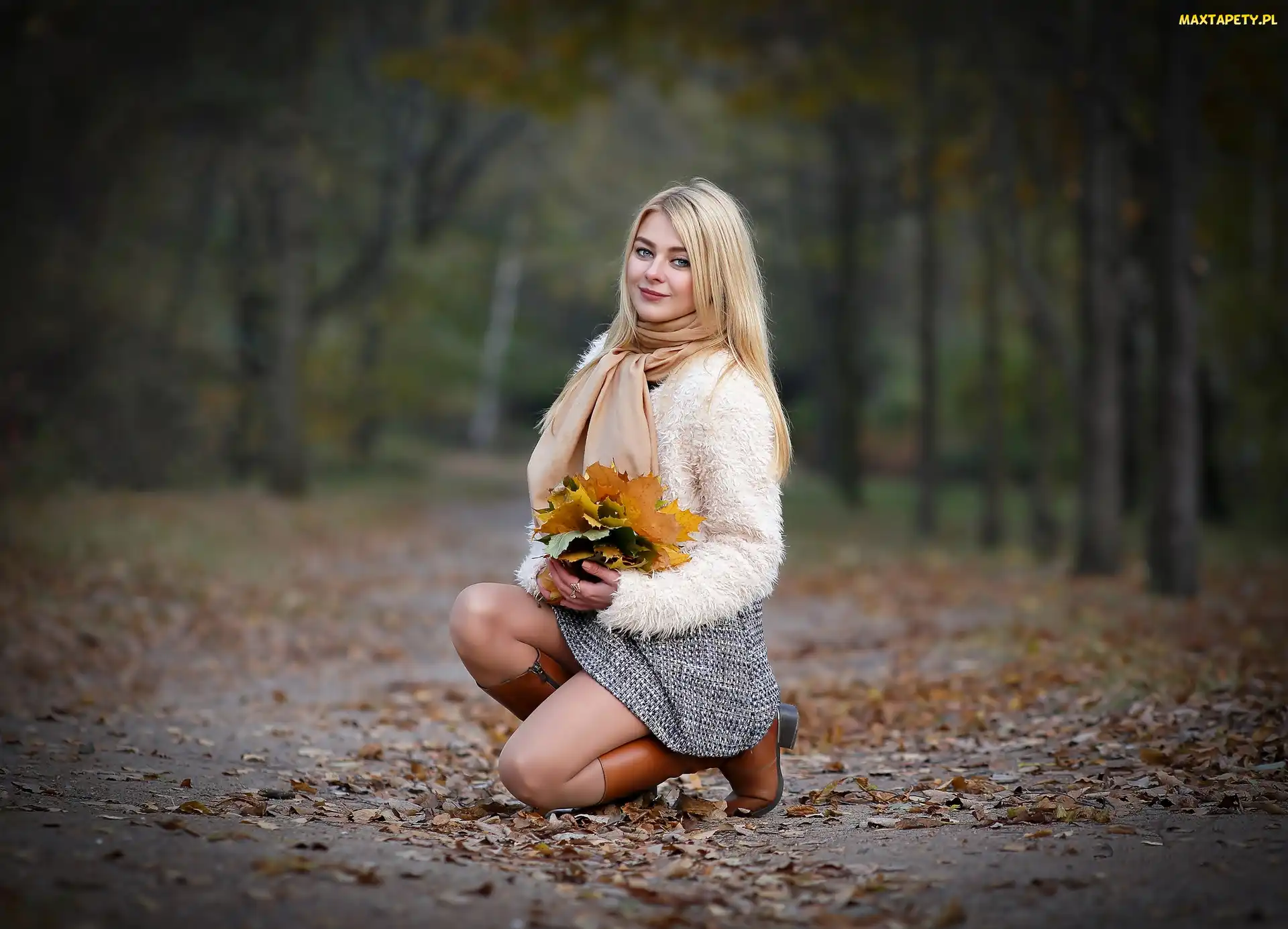 Jesień, Ścieżka, Blondynka, Kobieta, Bukiet, Liście