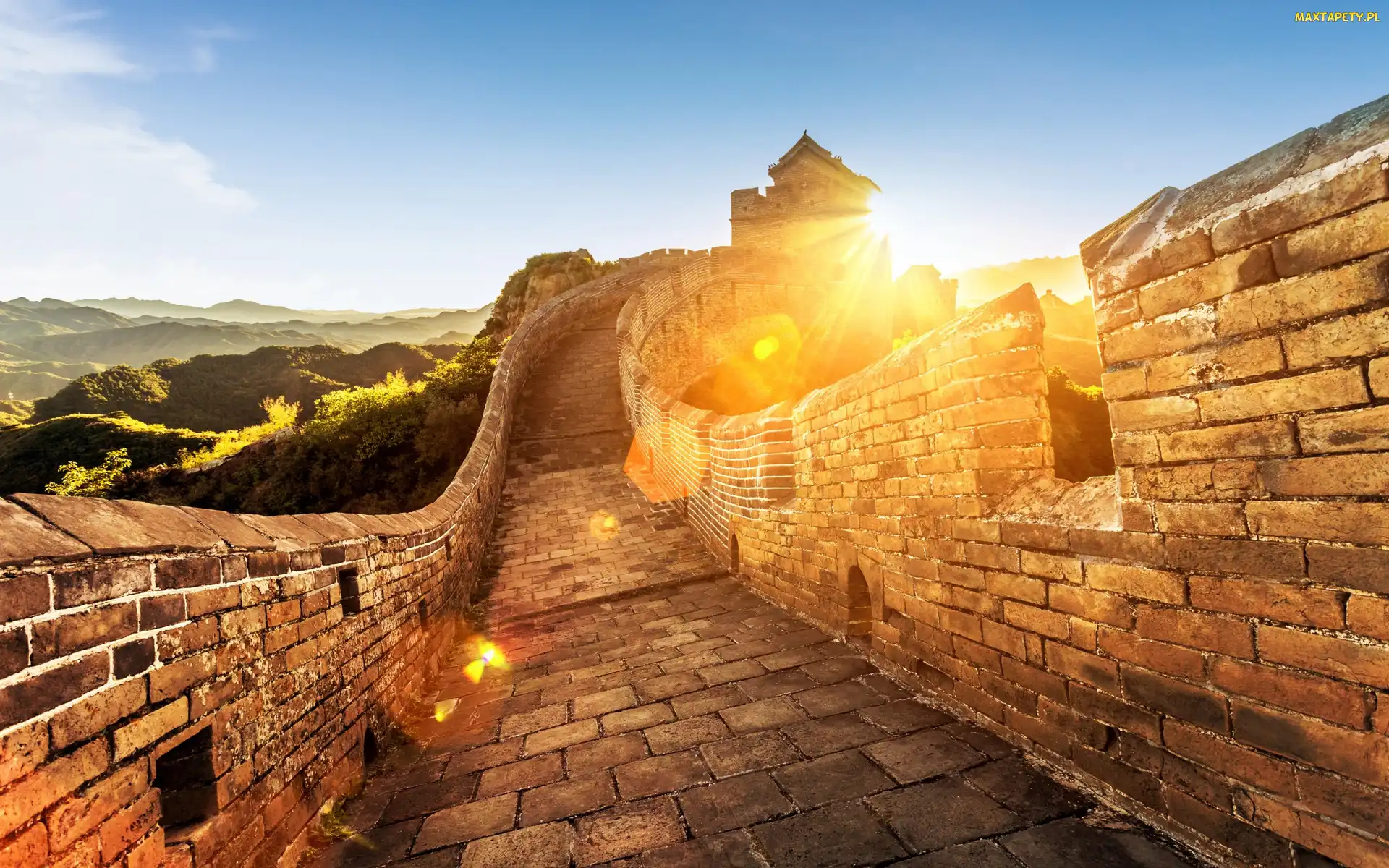 Wielki Mur Chiński, Góry, Promienie, Wschód słońca, Chiny