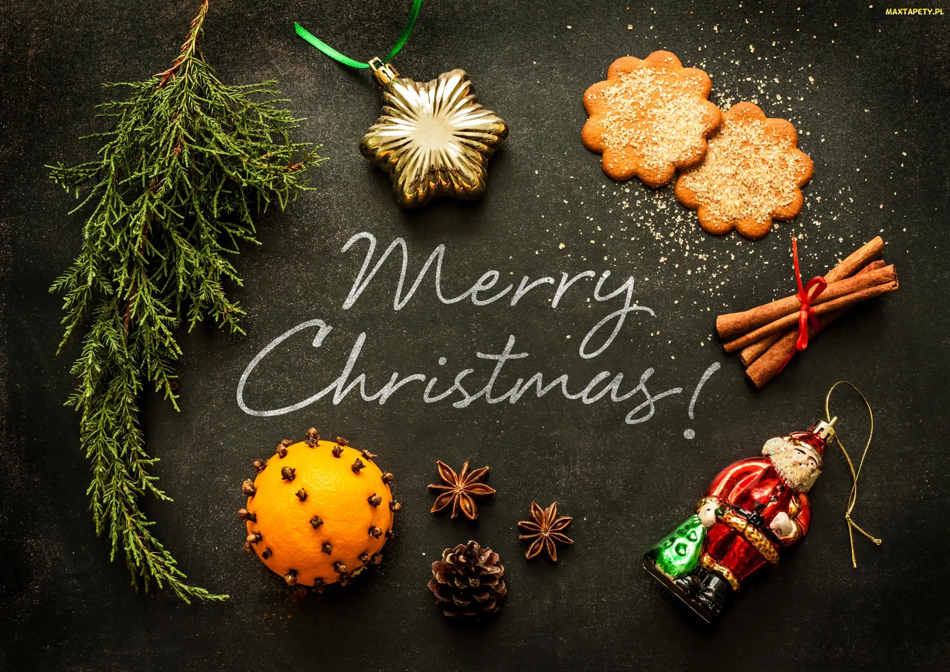 Boże Narodzenie, Pomarańcza, Kompozycja, Merry Christmas, Cynamon, Życzenia, Ciastka, Bombki