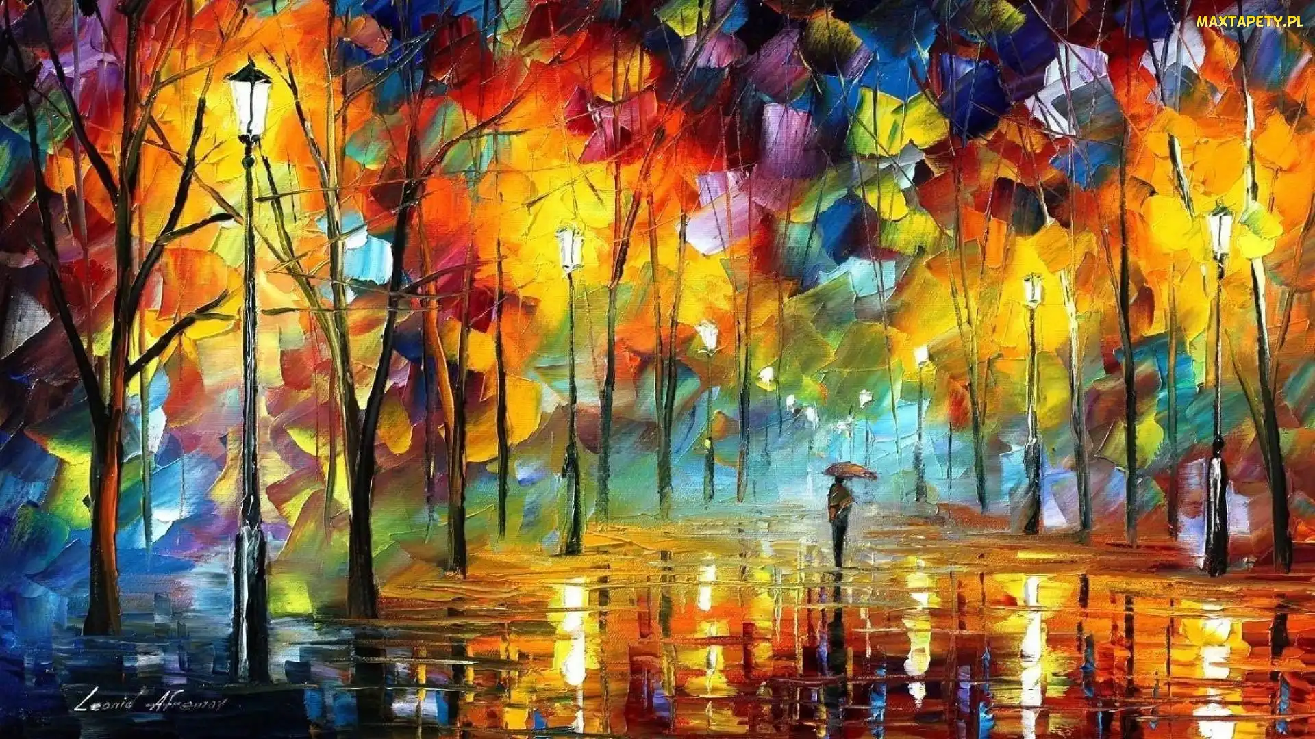 Leonid Afremov, Aleja, Reprodukcja obrazu, Drzewa, Parasol, Deszcz, Jesień, Postać