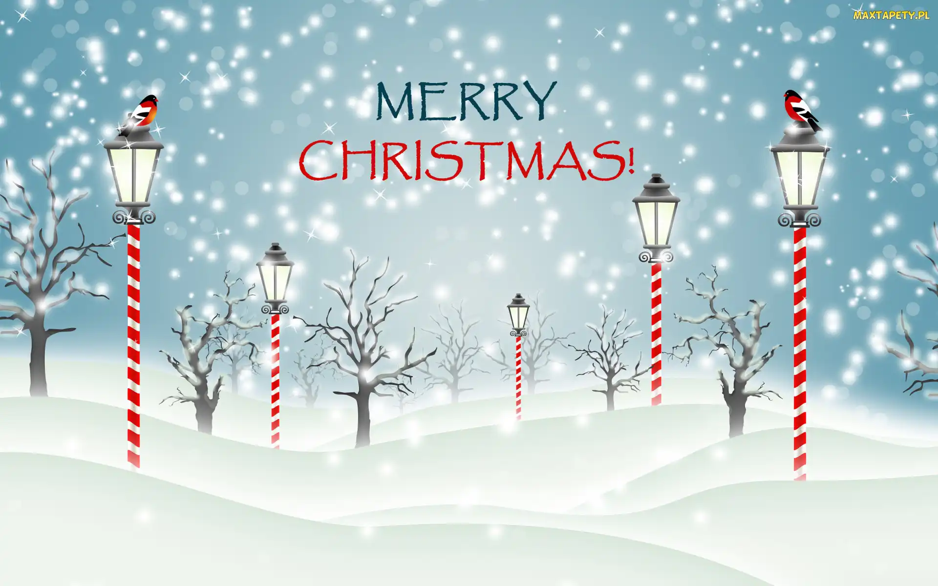 Merry Christmas, Napis, Latarnie, 2D, Śnieg, Drzewa, Ptaki