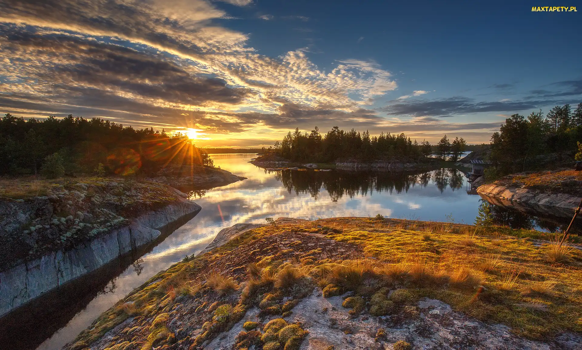 Duże Jezioro W Rosji Krzyżówka Tapety, zdjęcia - Jezioro Ładoga, Karelia, Rosja, Trawa, Zachód słońca
