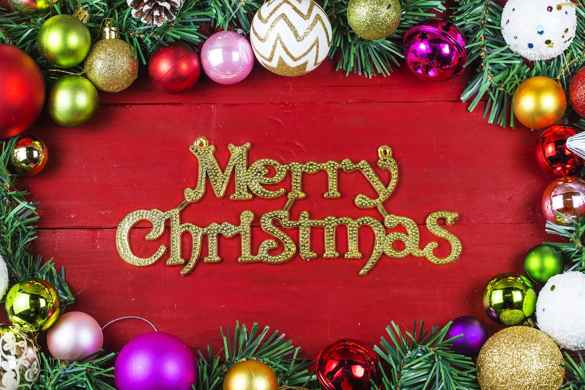 Boże Narodzenie, Bombki, Merry Christmas, Napis, Kompozycja