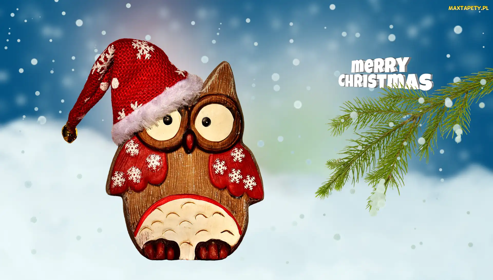 Śnieg, Merry Christmas, Czapka, Gałązka, Sowa