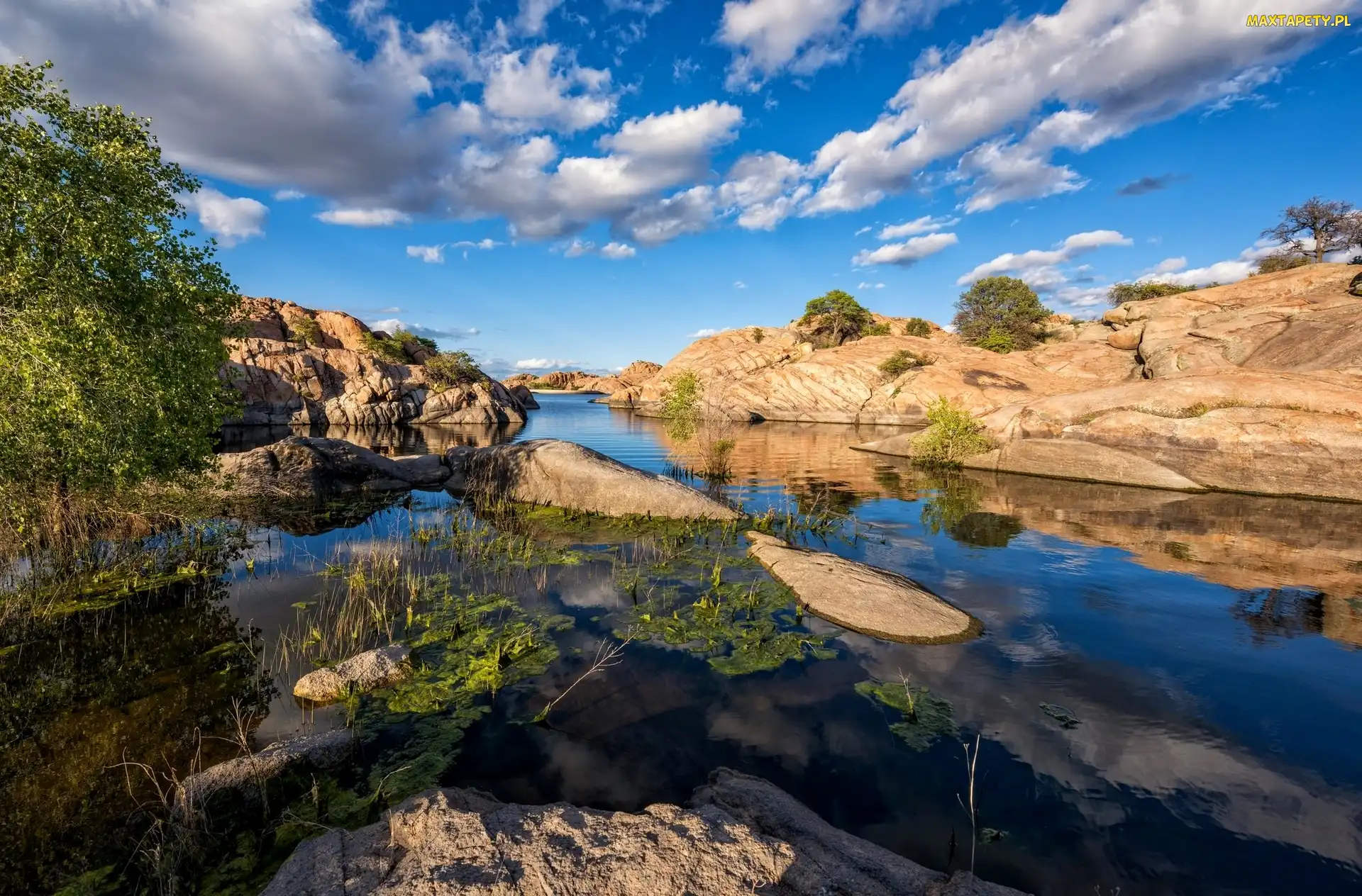 Jezioro Willow Lake, Stan Arizona, Stany Zjednoczone, Rośliny, Skały, Góry, Rzeka, Formacje skalne Granit Dells