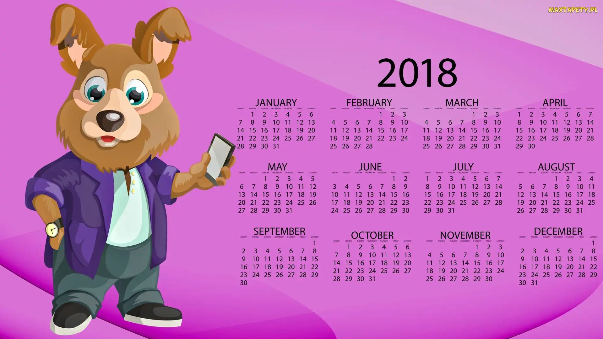 Kalendarz, Grafika 2D, Piesek, Komórka, Rok 2018