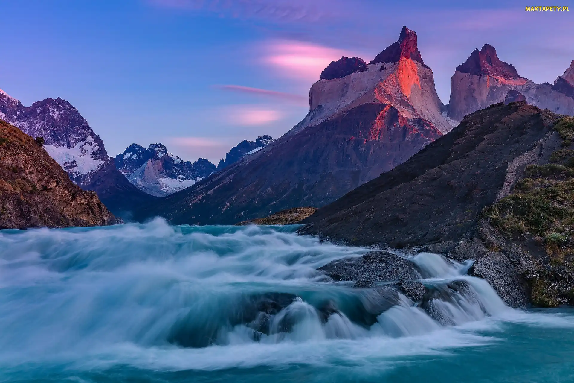 Góry, Wodospad Salto Grande, Patagonia, Chile, Park Narodowy Torres del Paine, Rzeka Paine