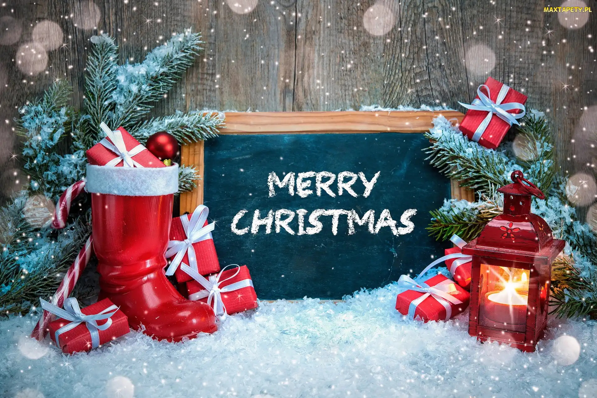 Prezenty, But, Merry Christmas, Boże Narodzenie, Śnieg, Kompozycja, Świerka, Napis, Lampion, Tablica, Gałązki