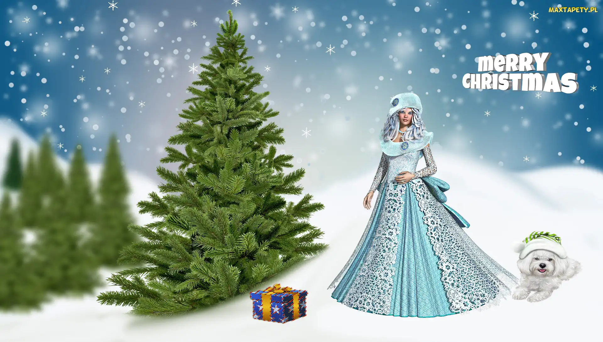 Dziewczyna, Życzenia, Choinki, Zima, 2D, Merry Christmas, Świąteczne, Prezent, Pies